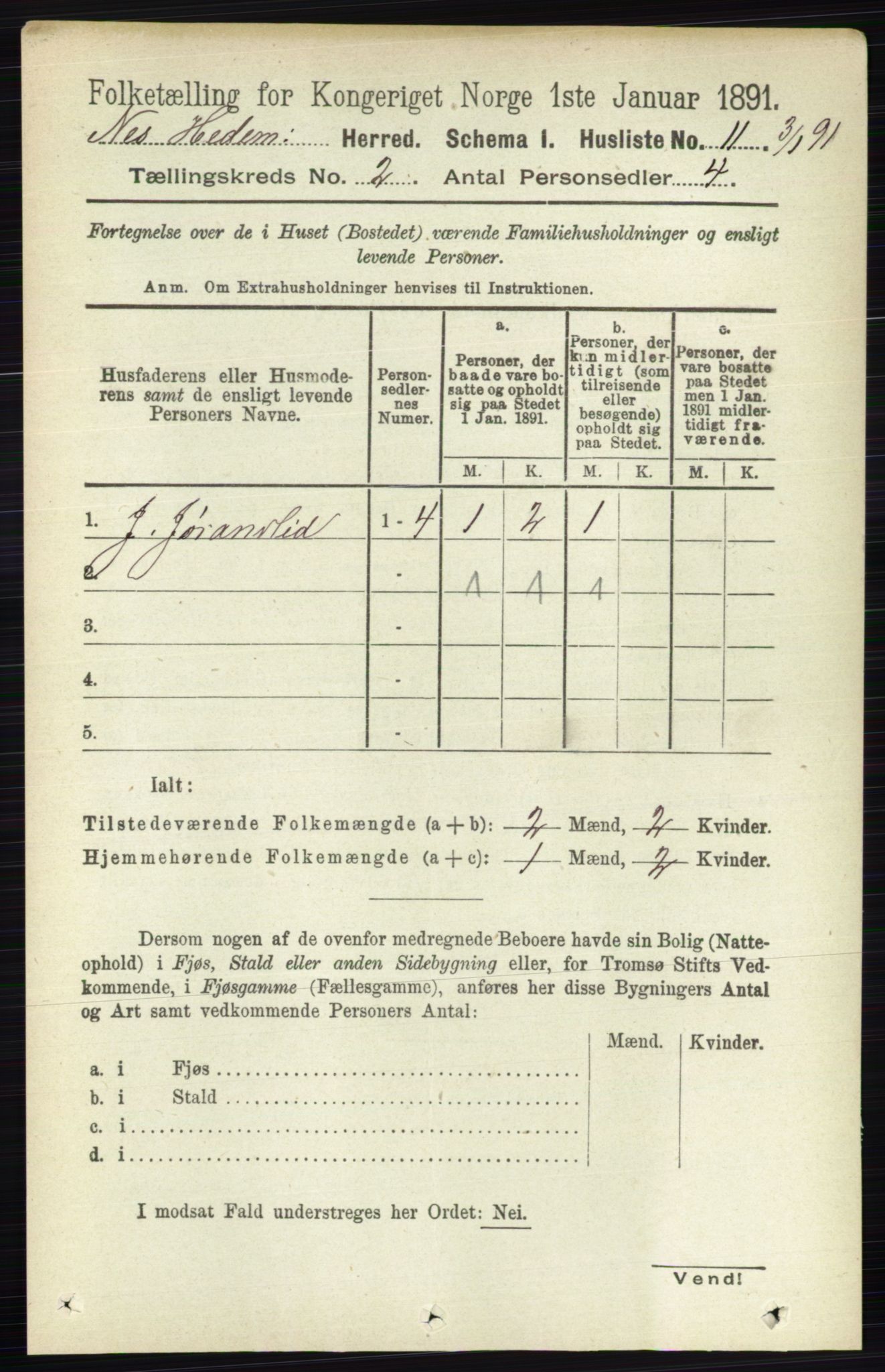 RA, 1891 census for 0411 Nes, 1891, p. 1014