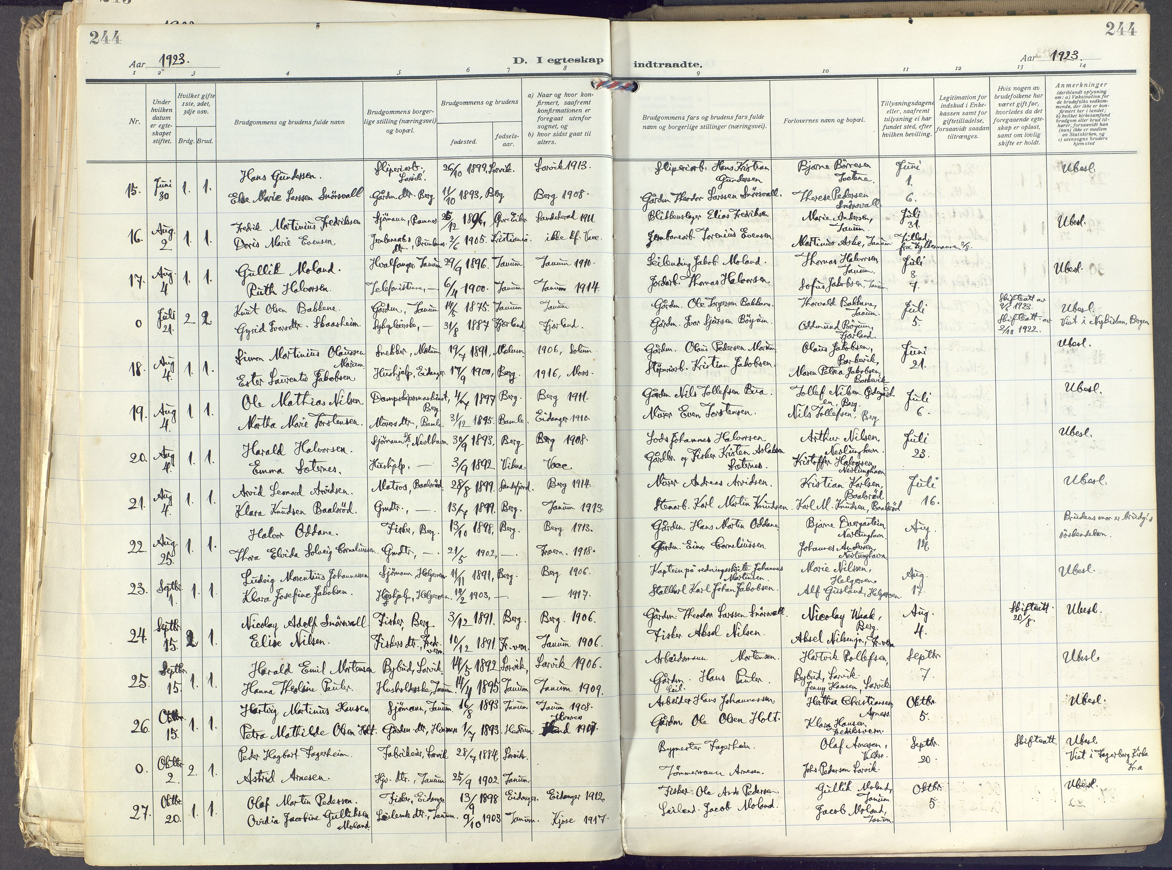 Brunlanes kirkebøker, SAKO/A-342/F/Fc/L0004: Parish register (official) no. III 4, 1923-1943, p. 244