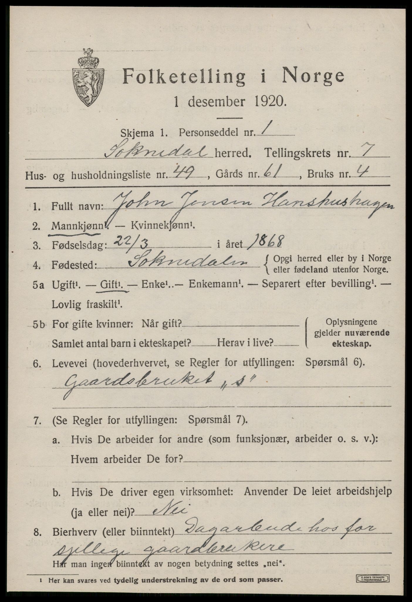 SAT, 1920 census for Soknedal, 1920, p. 3976