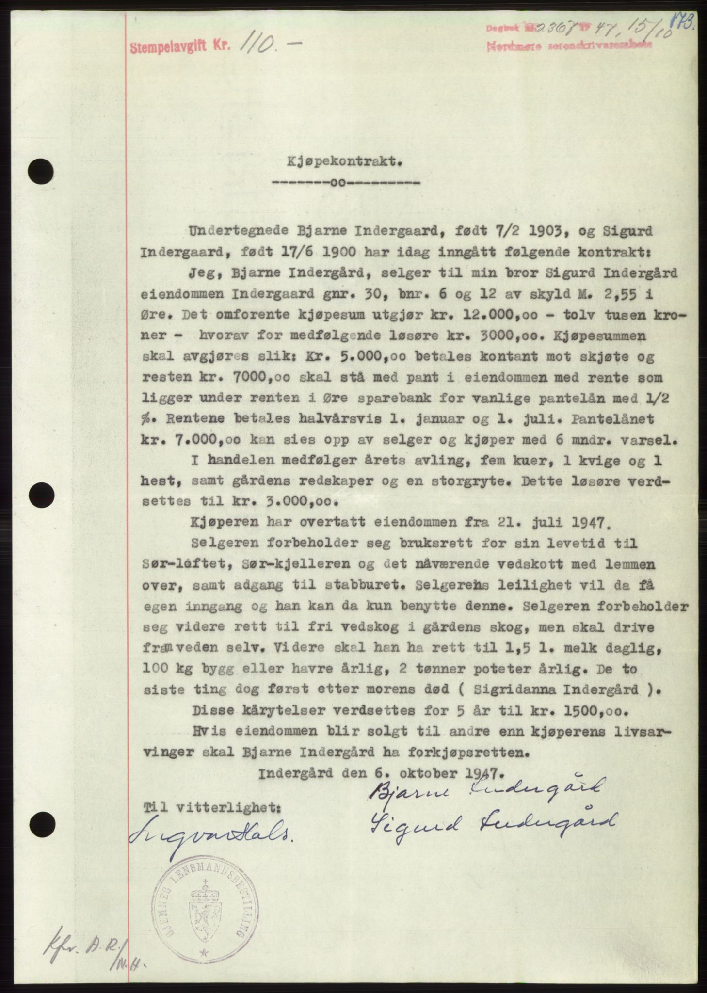 Nordmøre sorenskriveri, AV/SAT-A-4132/1/2/2Ca: Mortgage book no. B97, 1947-1948, Diary no: : 2367/1947