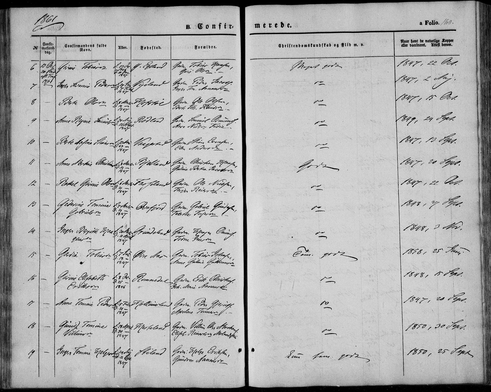 Sør-Audnedal sokneprestkontor, SAK/1111-0039/F/Fa/Fab/L0007: Parish register (official) no. A 7, 1855-1876, p. 160