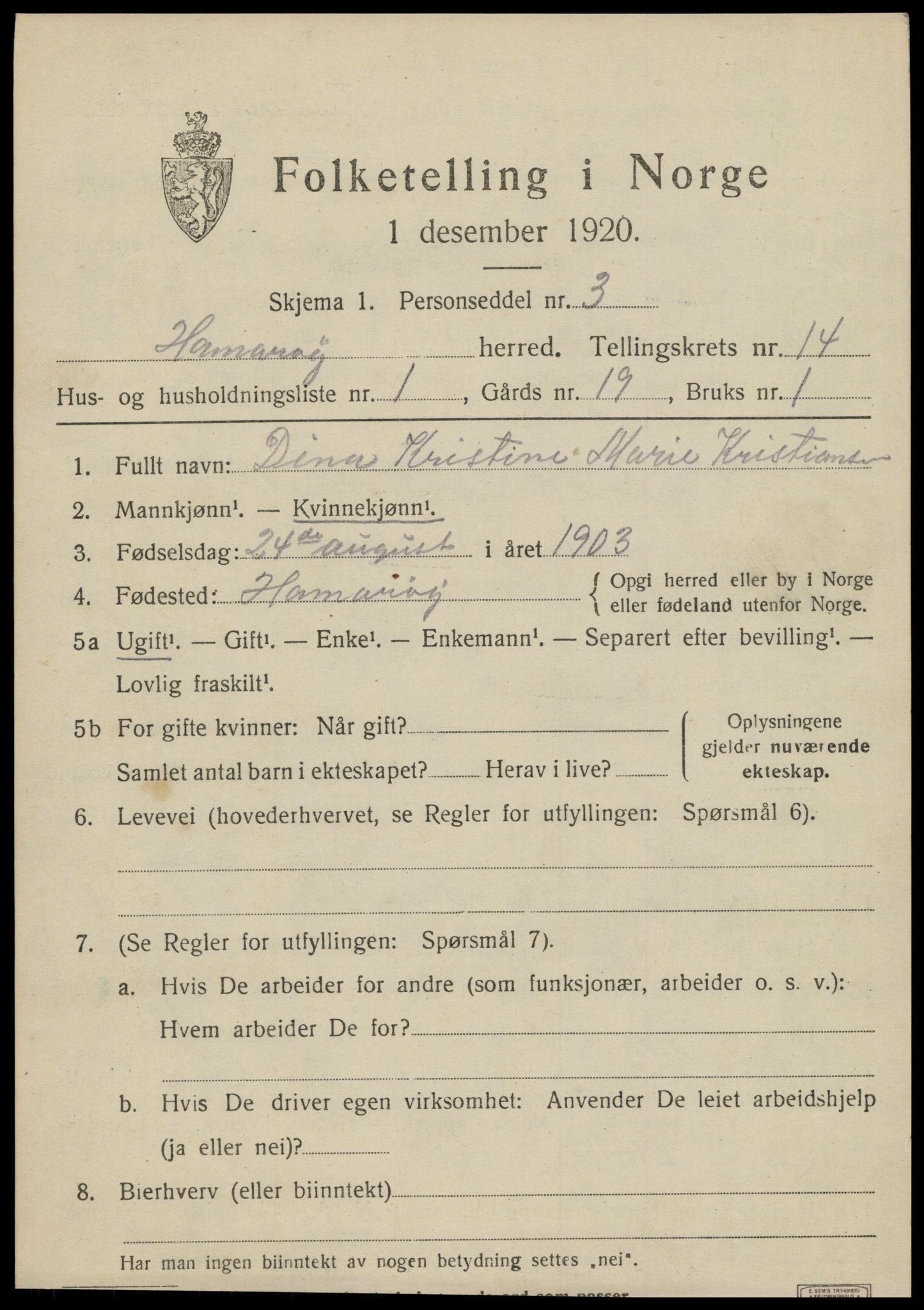 SAT, 1920 census for Hamarøy, 1920, p. 6784