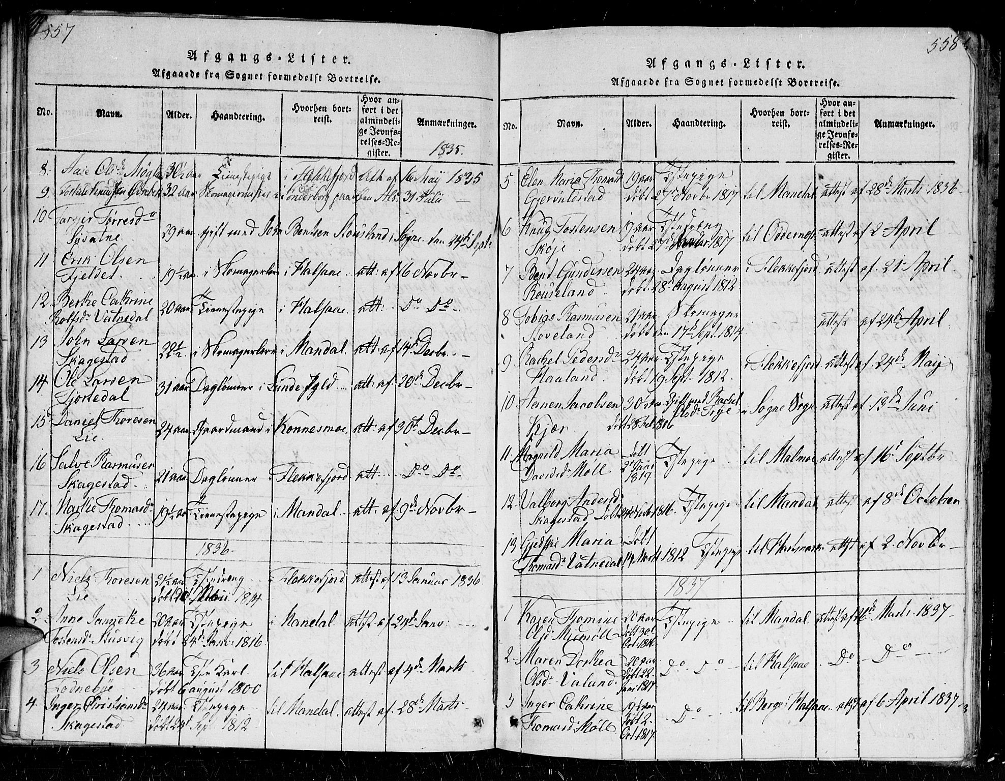Holum sokneprestkontor, SAK/1111-0022/F/Fb/Fba/L0002: Parish register (copy) no. B 2, 1820-1849, p. 557-558