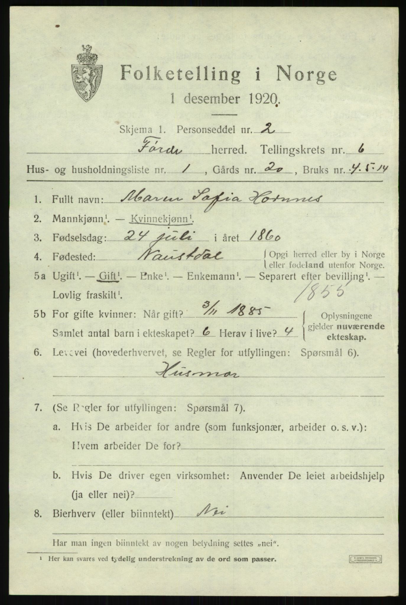 SAB, 1920 census for Førde, 1920, p. 2270