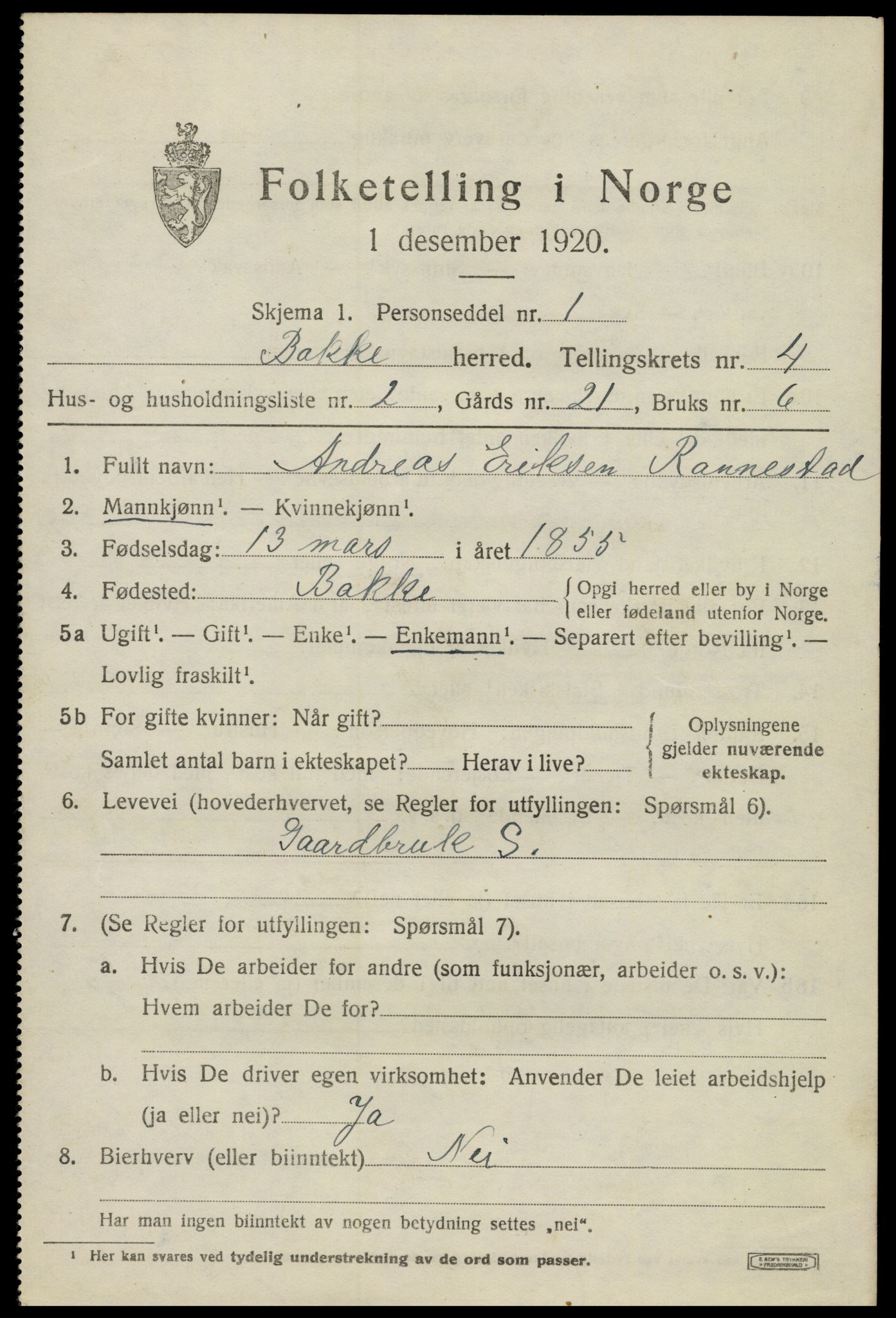 SAK, 1920 census for Bakke, 1920, p. 1234