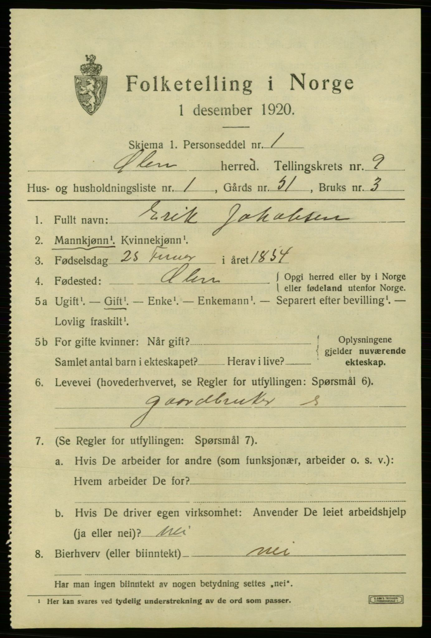 SAB, 1920 census for Ølen, 1920, p. 3953