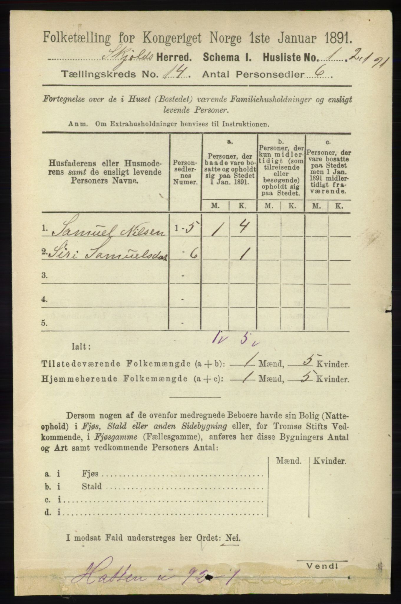 RA, 1891 census for 1154 Skjold, 1891, p. 2529