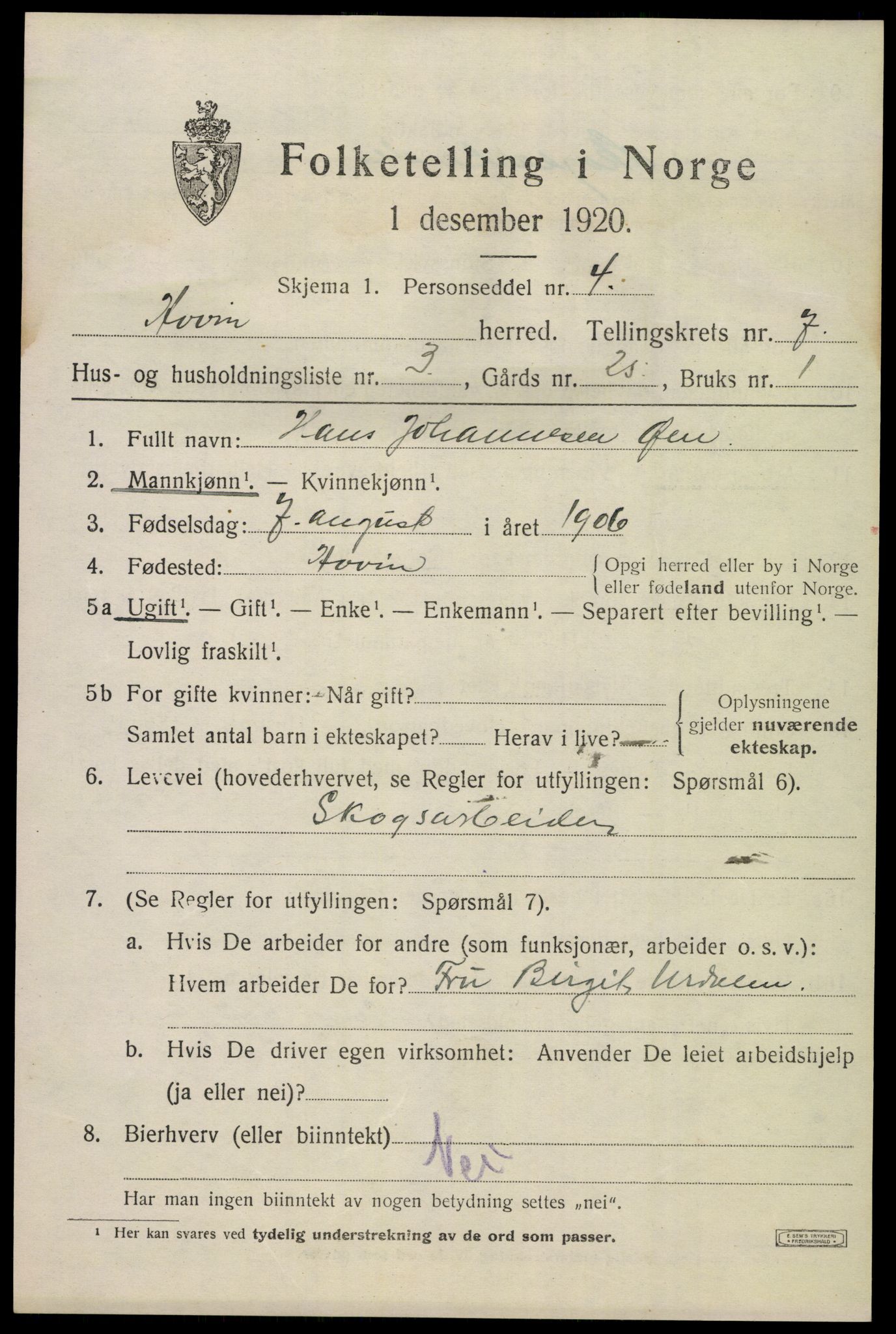 SAKO, 1920 census for Hovin, 1920, p. 1723
