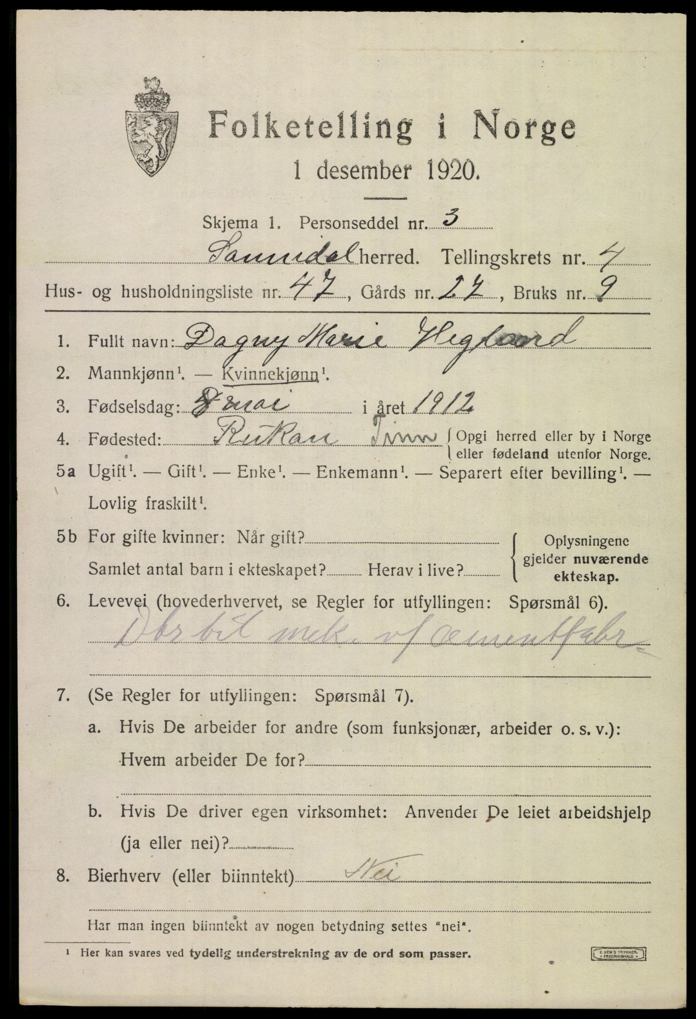 SAKO, 1920 census for Sannidal, 1920, p. 4051