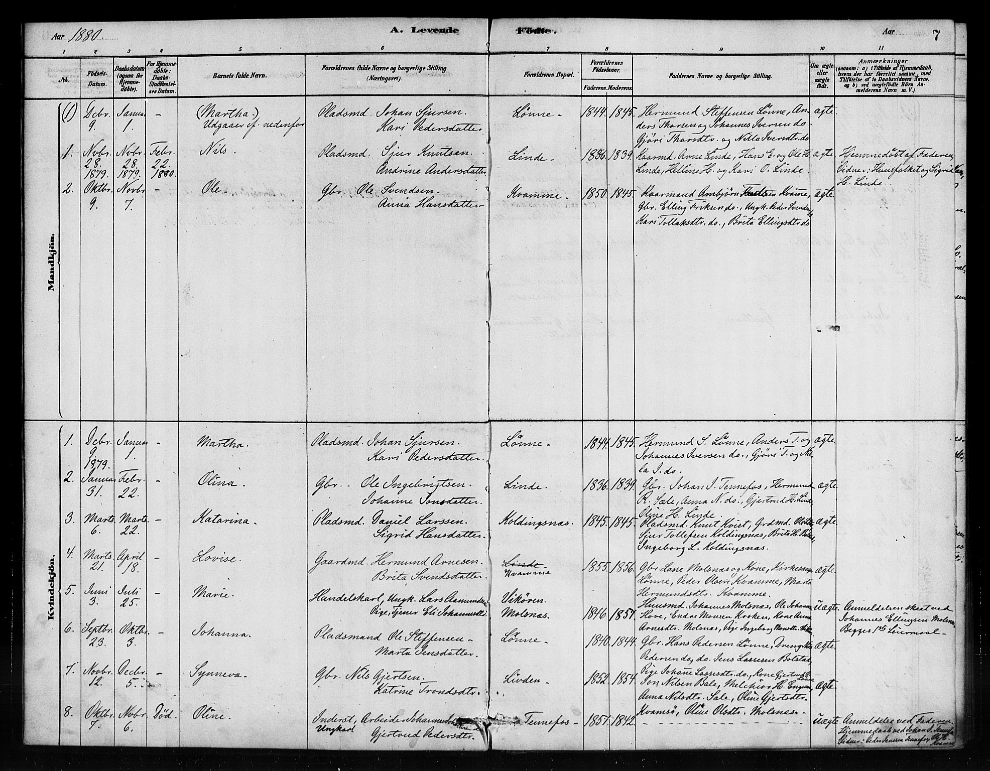 Vik sokneprestembete, AV/SAB-A-81501/H/Haa/Haad/L0001: Parish register (official) no. D 1, 1878-1890, p. 7