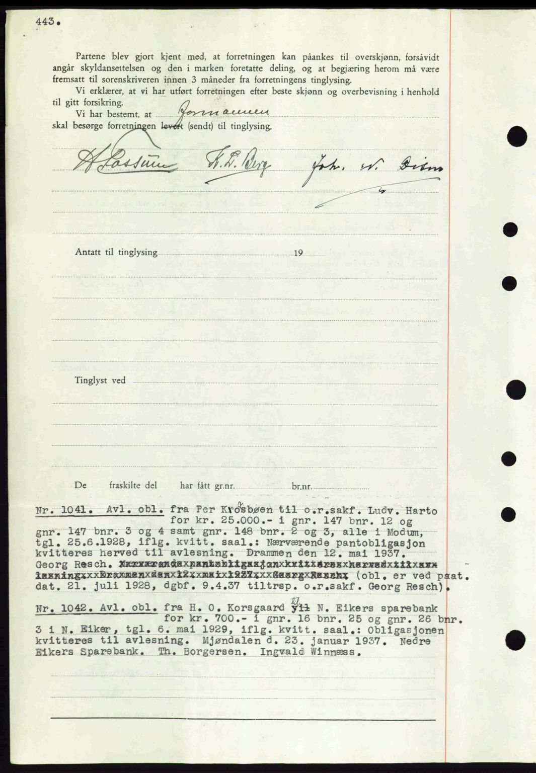 Eiker, Modum og Sigdal sorenskriveri, SAKO/A-123/G/Ga/Gab/L0035: Mortgage book no. A5, 1937-1937, Diary no: : 1041/1937