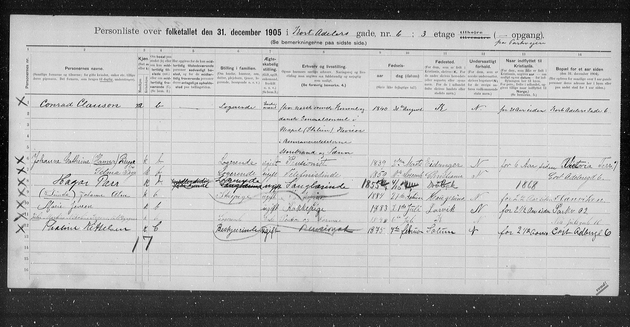 OBA, Municipal Census 1905 for Kristiania, 1905, p. 7273