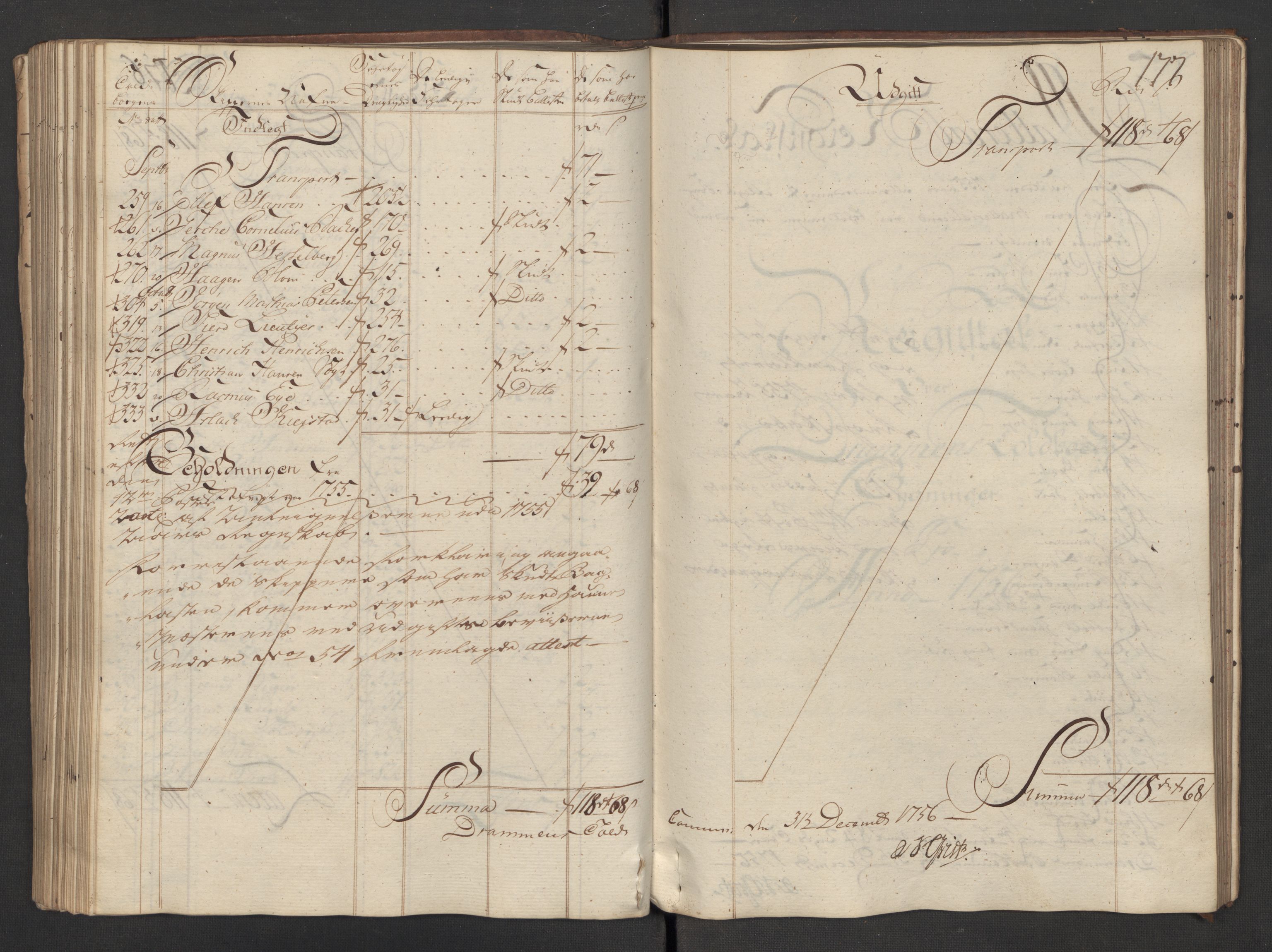 Generaltollkammeret, tollregnskaper, AV/RA-EA-5490/R08/L0035/0001: Tollregnskaper Drammen / Utgående hovedtollbok, 1756, p. 176b-177a