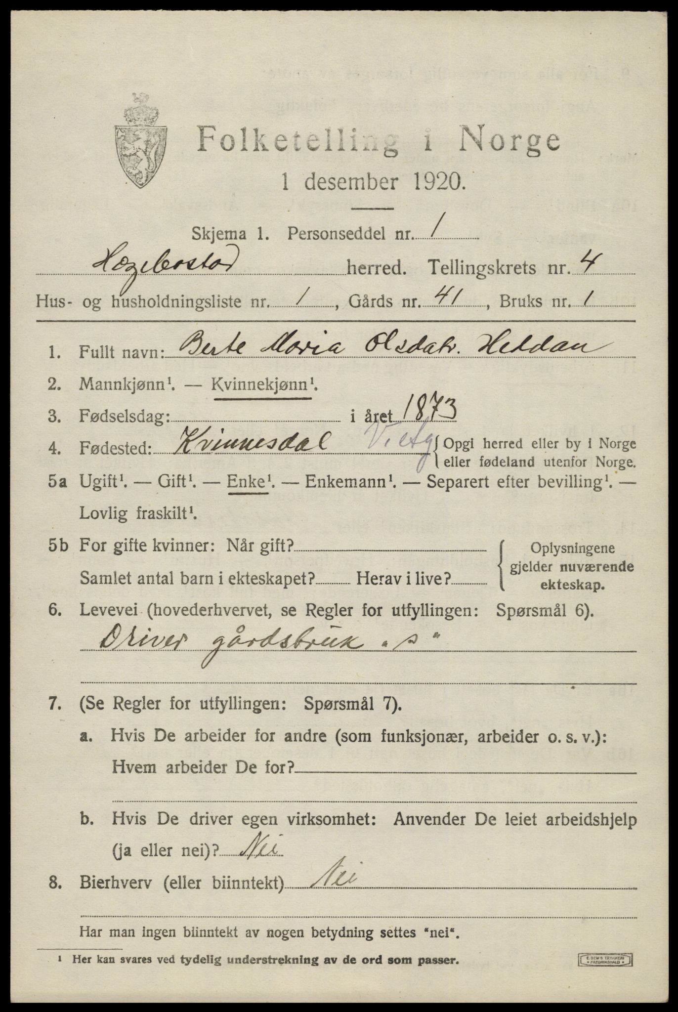 SAK, 1920 census for Hægebostad, 1920, p. 1555