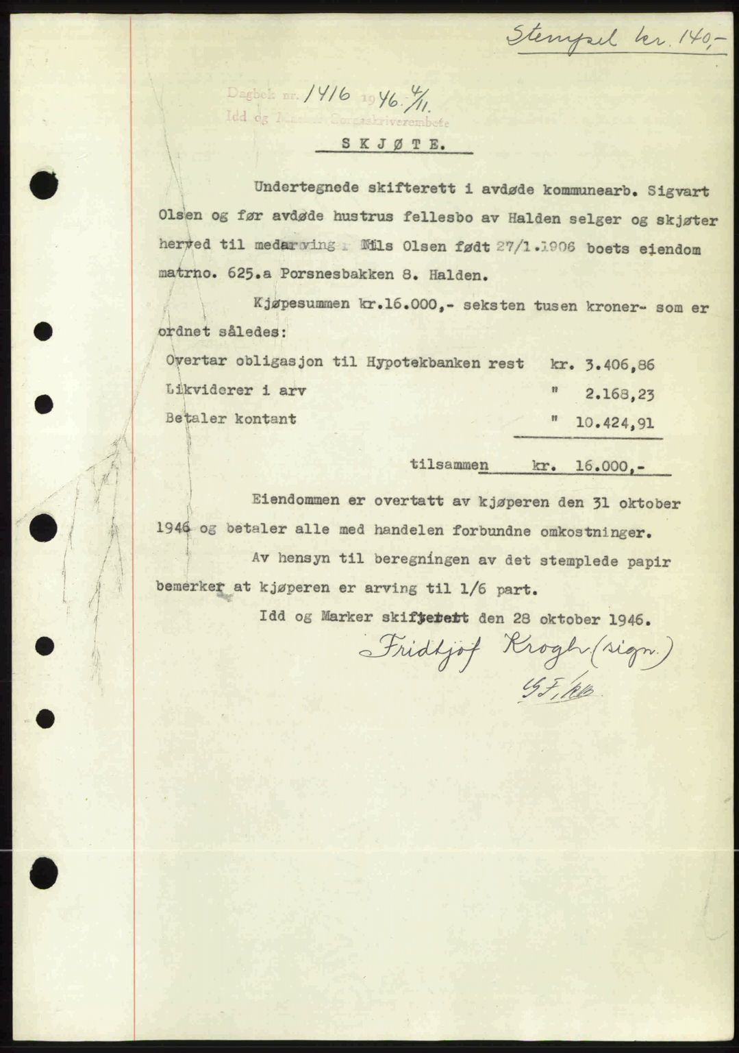 Idd og Marker sorenskriveri, AV/SAO-A-10283/G/Gb/Gbb/L0008: Mortgage book no. A8, 1946-1946, Diary no: : 1416/1946