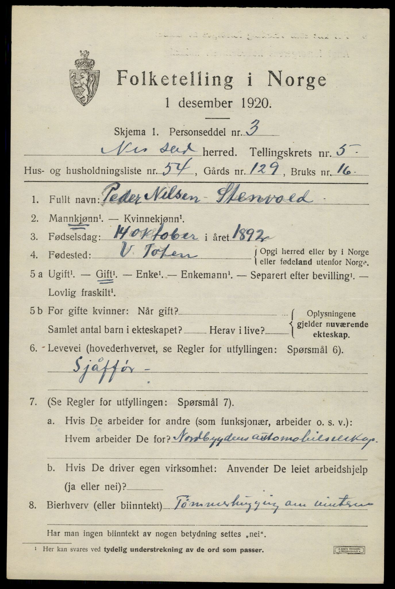 SAH, 1920 census for Nes (Hedmark), 1920, p. 7774