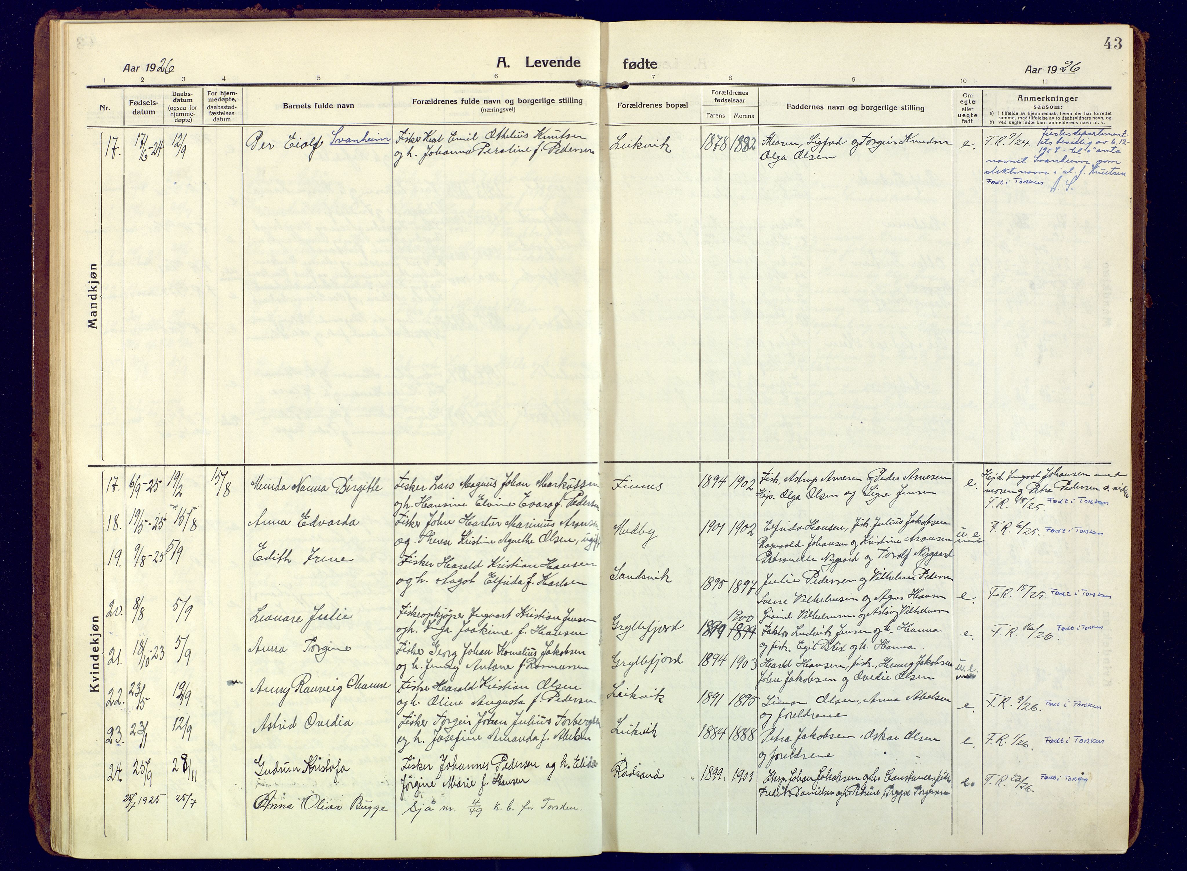 Berg sokneprestkontor, AV/SATØ-S-1318/G/Ga/Gaa/L0010kirke: Parish register (official) no. 10, 1916-1928, p. 43