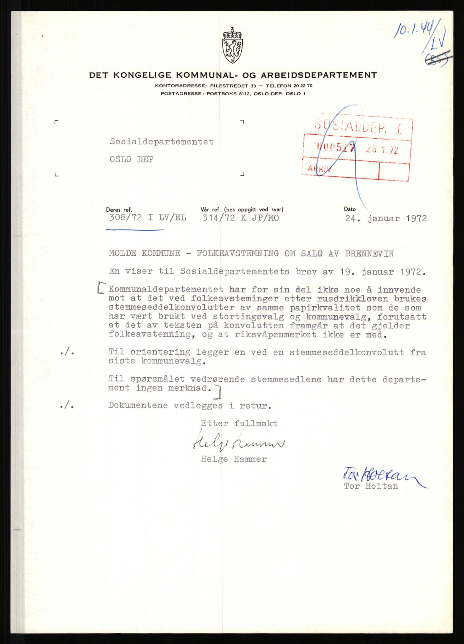 Sosialdepartementet, 2. sosialkontor D (1948-1975), AV/RA-S-3455/D/Da/L0116/0002: -- / Brennevinsavstemning i Molde kommune, 1970-1972, p. 4