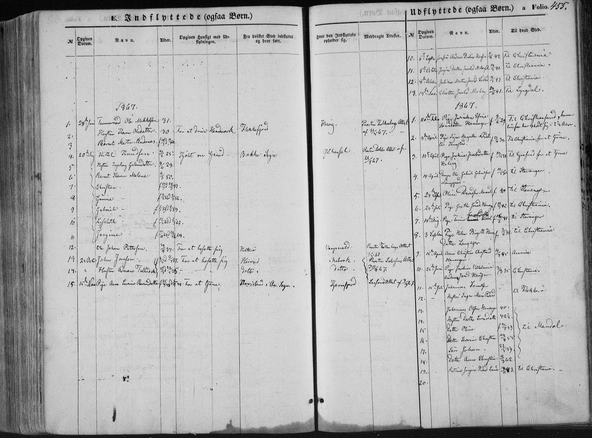 Lista sokneprestkontor, SAK/1111-0027/F/Fa/L0011: Parish register (official) no. A 11, 1861-1878, p. 455