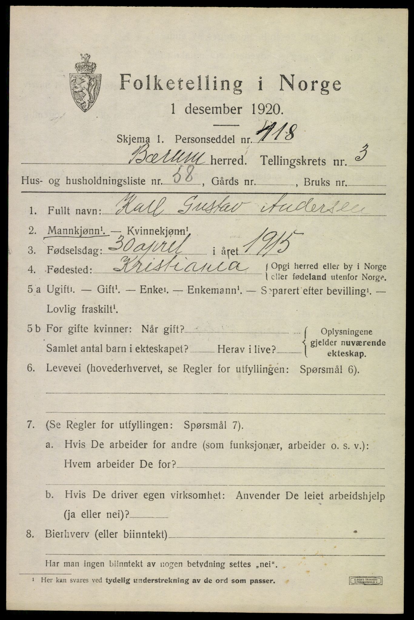 SAO, 1920 census for Bærum, 1920, p. 8220