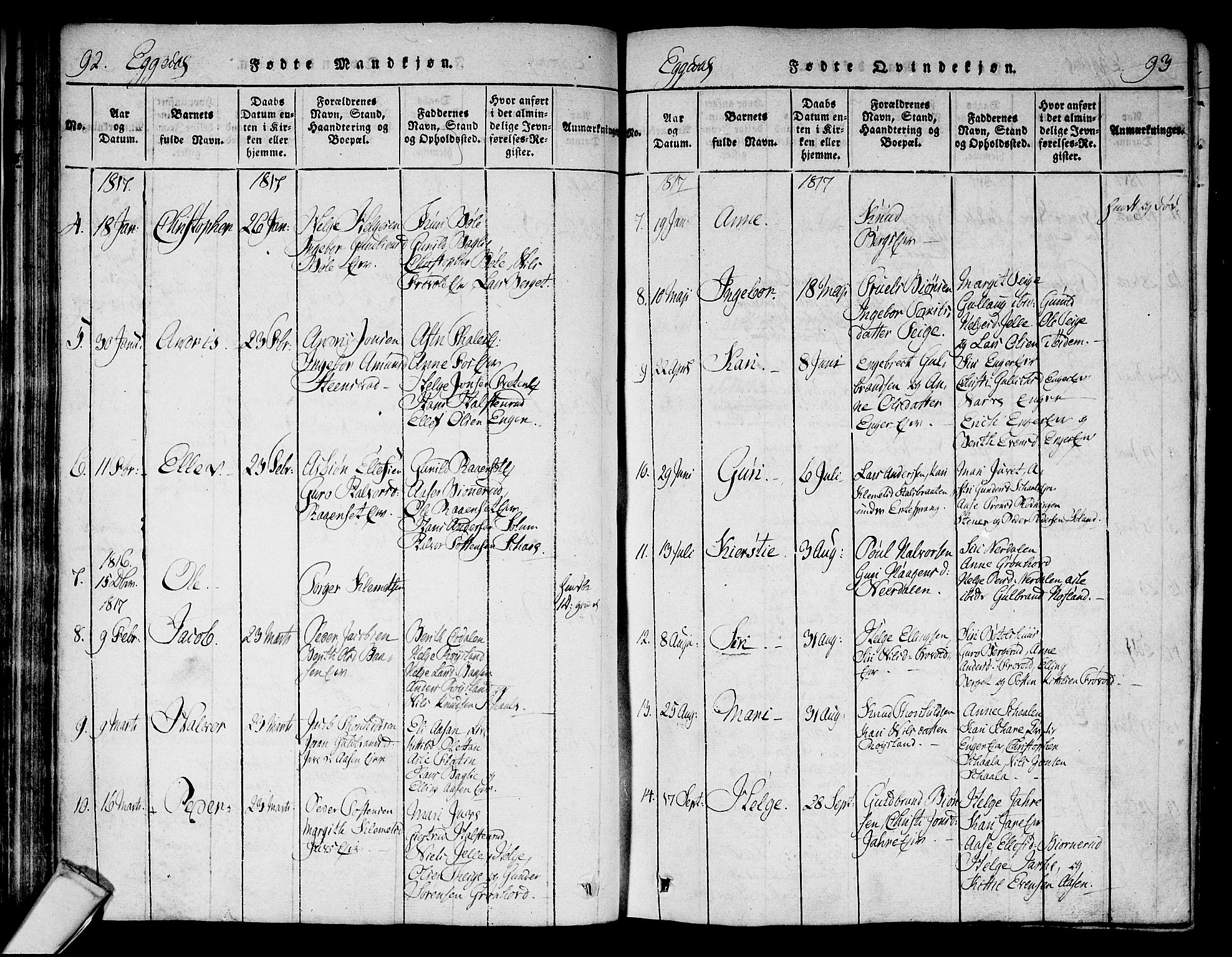 Sigdal kirkebøker, SAKO/A-245/F/Fa/L0005: Parish register (official) no. I 5 /2, 1815-1829, p. 92-93