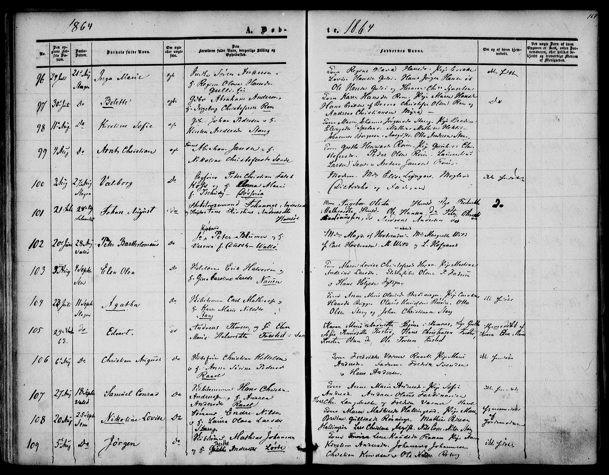 Sem kirkebøker, SAKO/A-5/F/Fa/L0007: Parish register (official) no. I 7, 1856-1865, p. 167