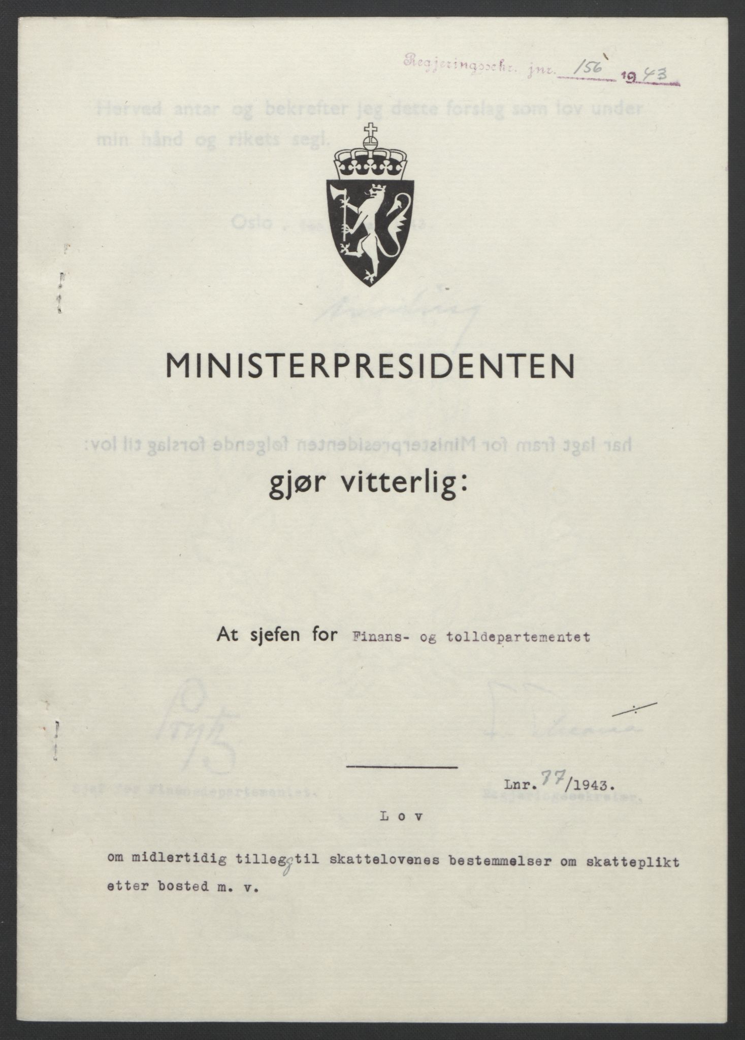 NS-administrasjonen 1940-1945 (Statsrådsekretariatet, de kommisariske statsråder mm), AV/RA-S-4279/D/Db/L0099: Lover, 1943, p. 353