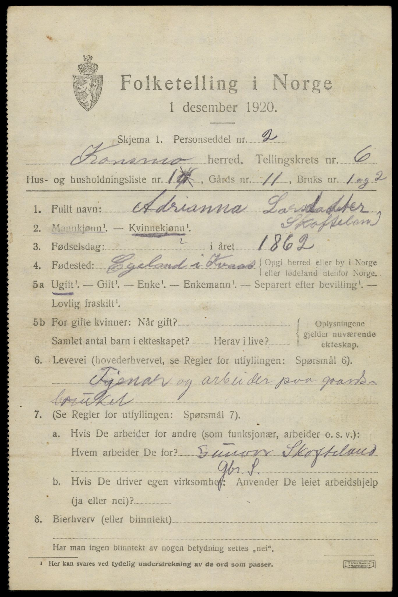 SAK, 1920 census for Konsmo, 1920, p. 1404