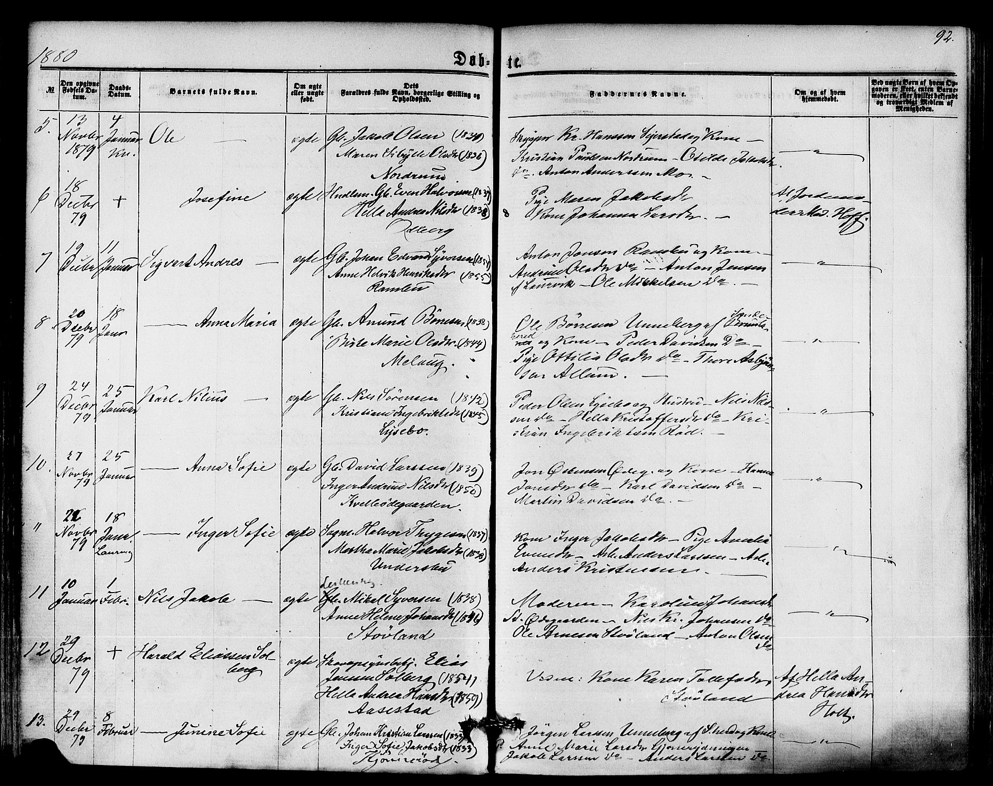 Hedrum kirkebøker, AV/SAKO-A-344/F/Fa/L0008: Parish register (official) no. I 8, 1869-1880, p. 92