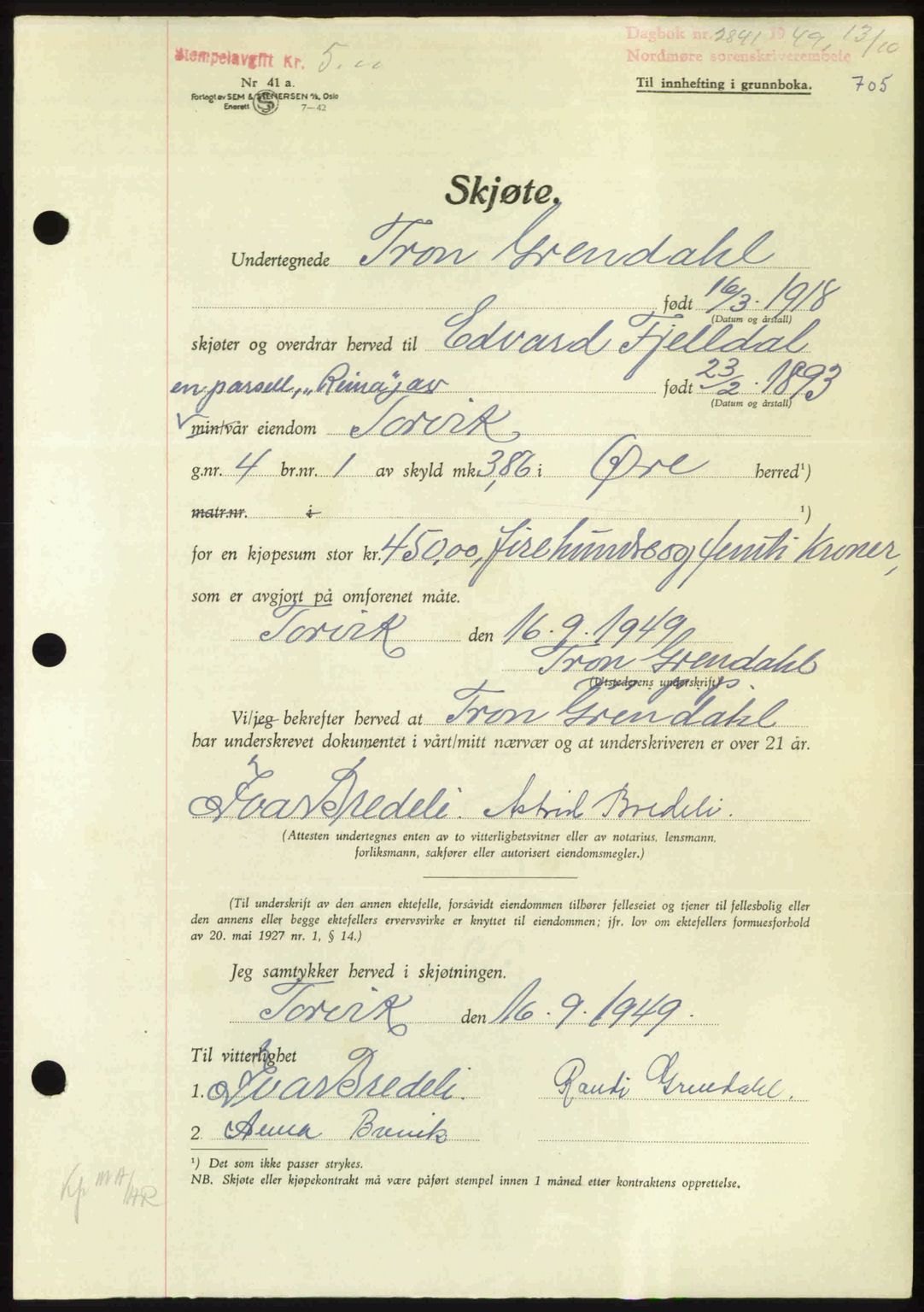 Nordmøre sorenskriveri, AV/SAT-A-4132/1/2/2Ca: Mortgage book no. A112, 1949-1949, Diary no: : 2841/1949