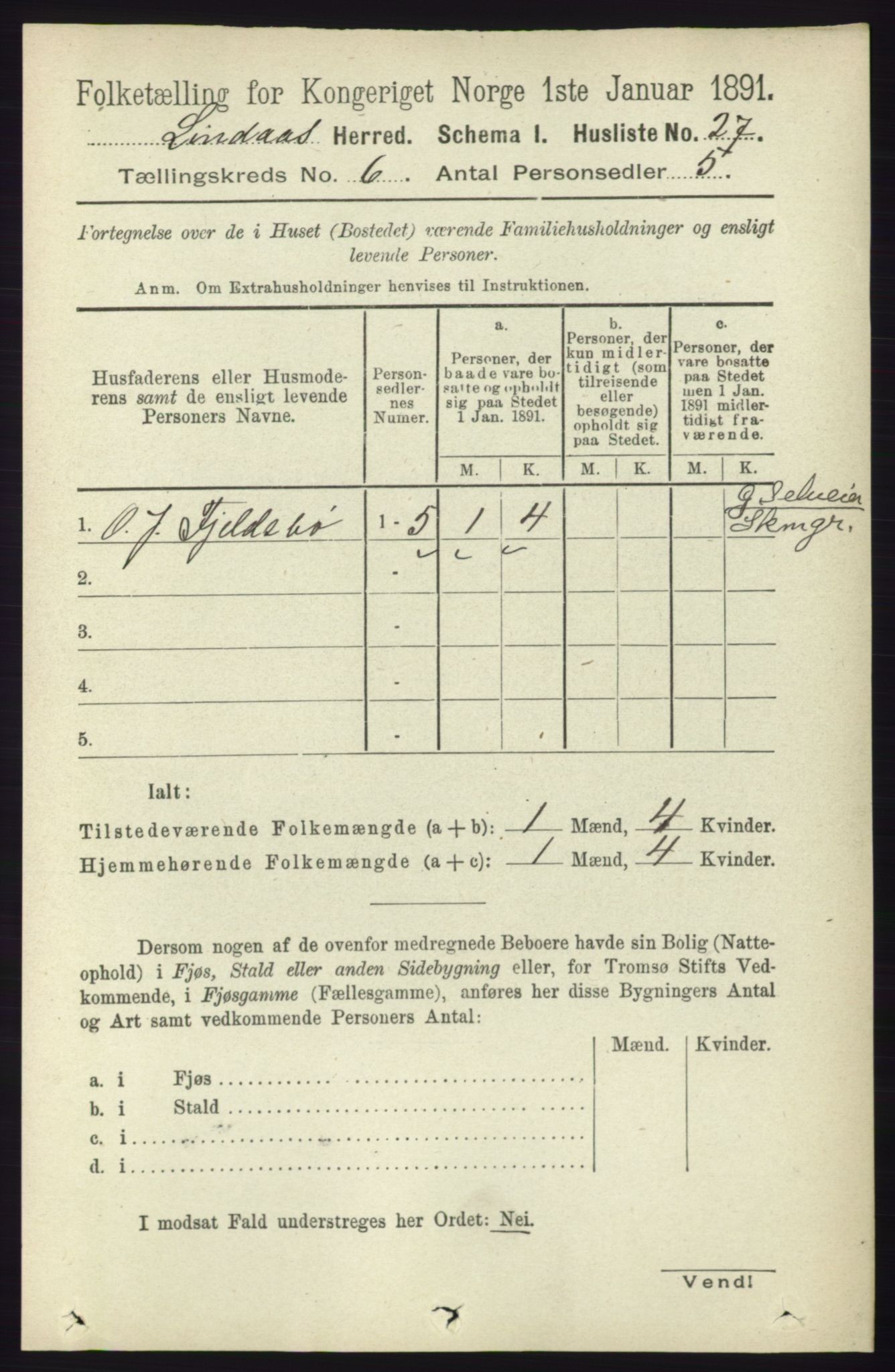 RA, 1891 census for 1263 Lindås, 1891, p. 1845