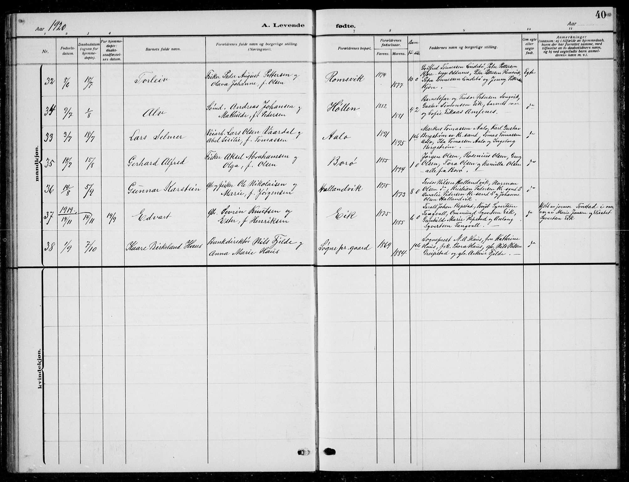 Søgne sokneprestkontor, SAK/1111-0037/F/Fb/Fbb/L0007: Parish register (copy) no. B 7, 1912-1931, p. 40
