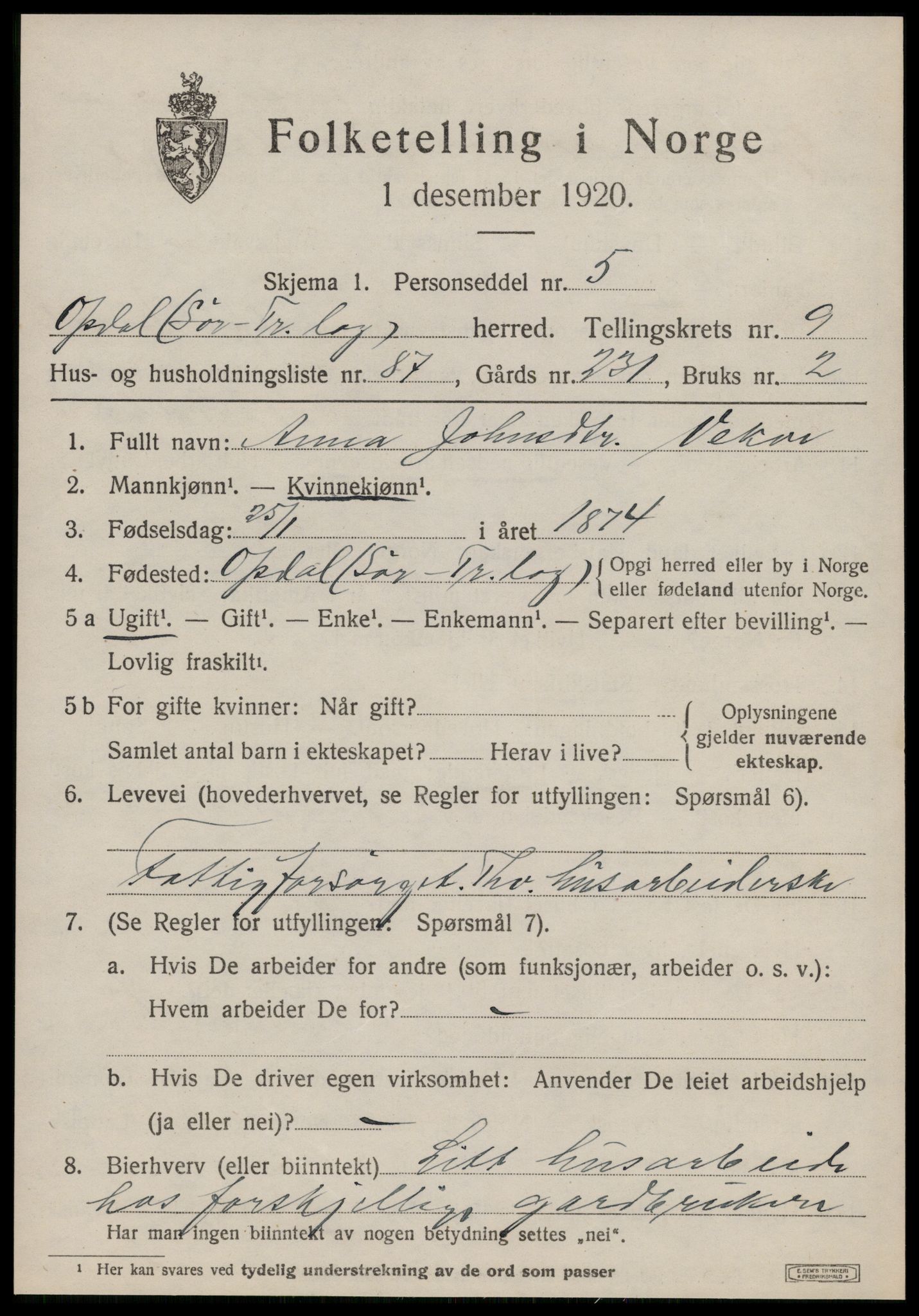 SAT, 1920 census for Oppdal, 1920, p. 8141