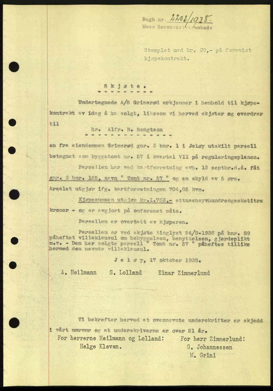 Moss sorenskriveri, SAO/A-10168: Mortgage book no. A5, 1938-1939, Diary no: : 2203/1938