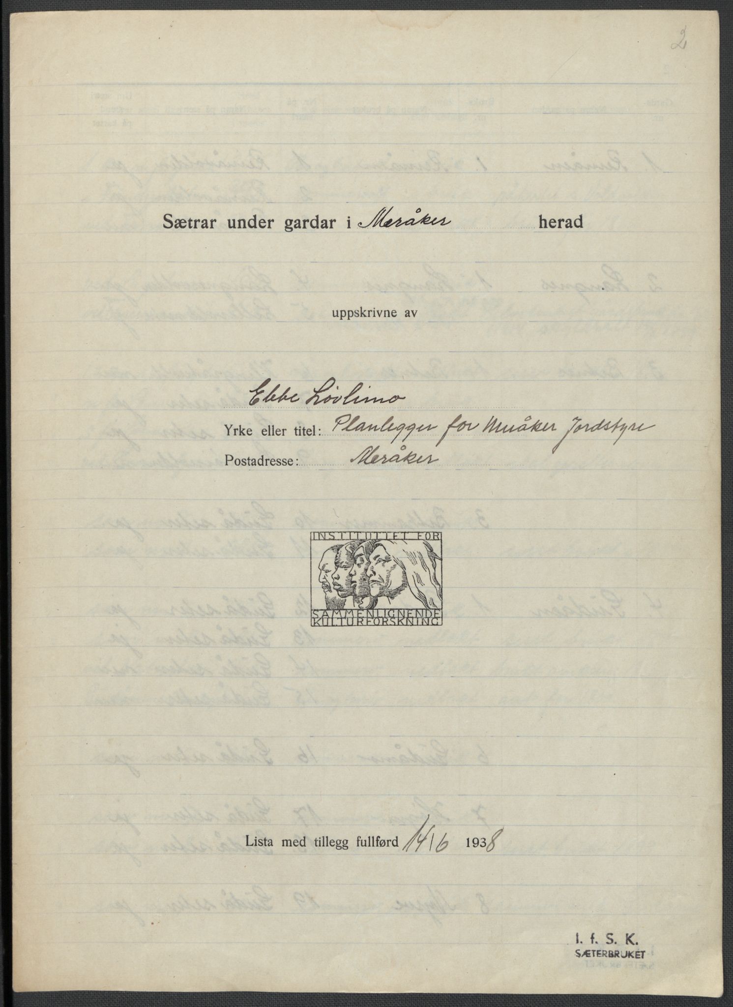 Instituttet for sammenlignende kulturforskning, RA/PA-0424/F/Fc/L0015/0001: Eske B15: / Nord-Trøndelag (perm XLII), 1933-1938, p. 2