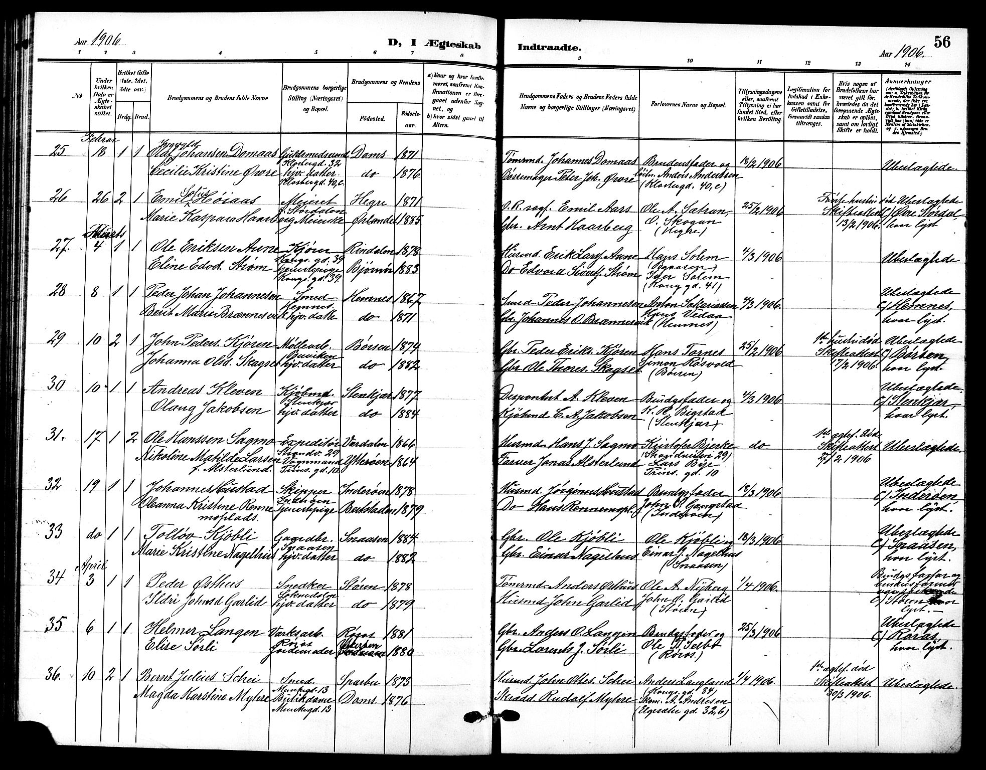 Ministerialprotokoller, klokkerbøker og fødselsregistre - Sør-Trøndelag, AV/SAT-A-1456/601/L0095: Parish register (copy) no. 601C13, 1902-1911, p. 56