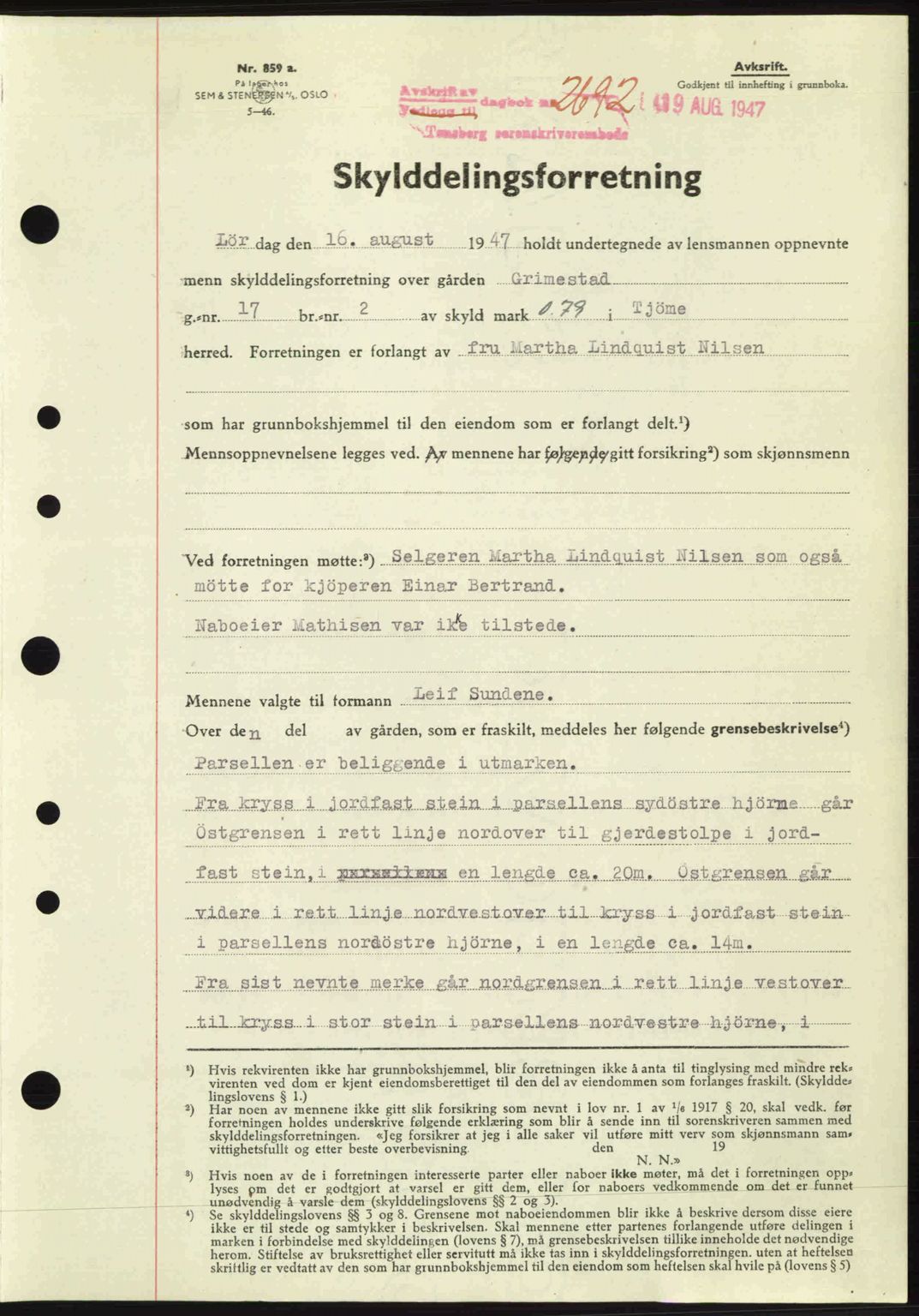 Tønsberg sorenskriveri, SAKO/A-130/G/Ga/Gaa/L0022: Mortgage book no. A22, 1947-1947, Diary no: : 2692/1947