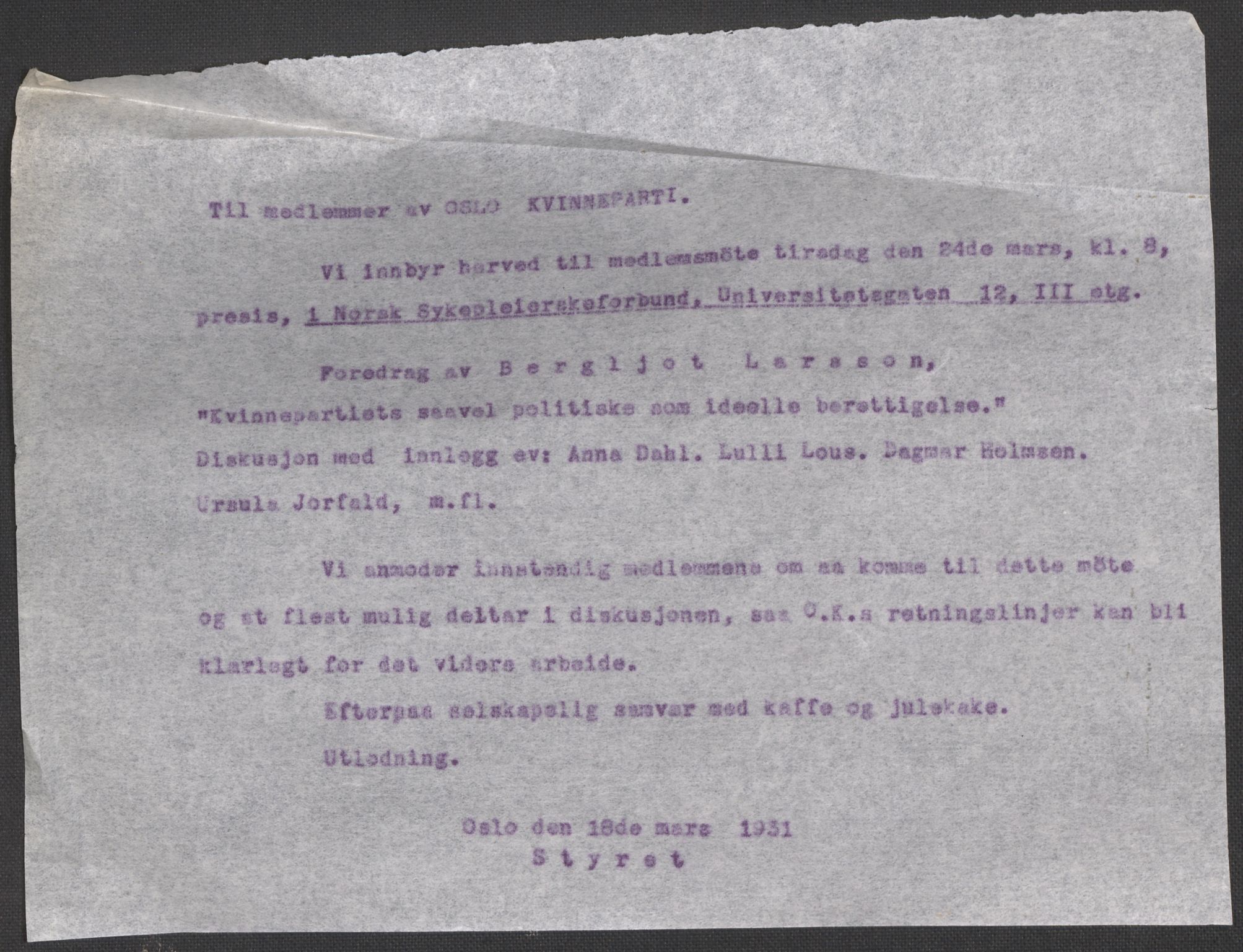 Oslo Kvinneparti, AV/RA-PA-0305/F/L0001/0001: Forhandlingsprotokoll, korrespondanse, medlemslister m.m. / Protokoll for Oslo Kvinneparti, 1927-1974, p. 99