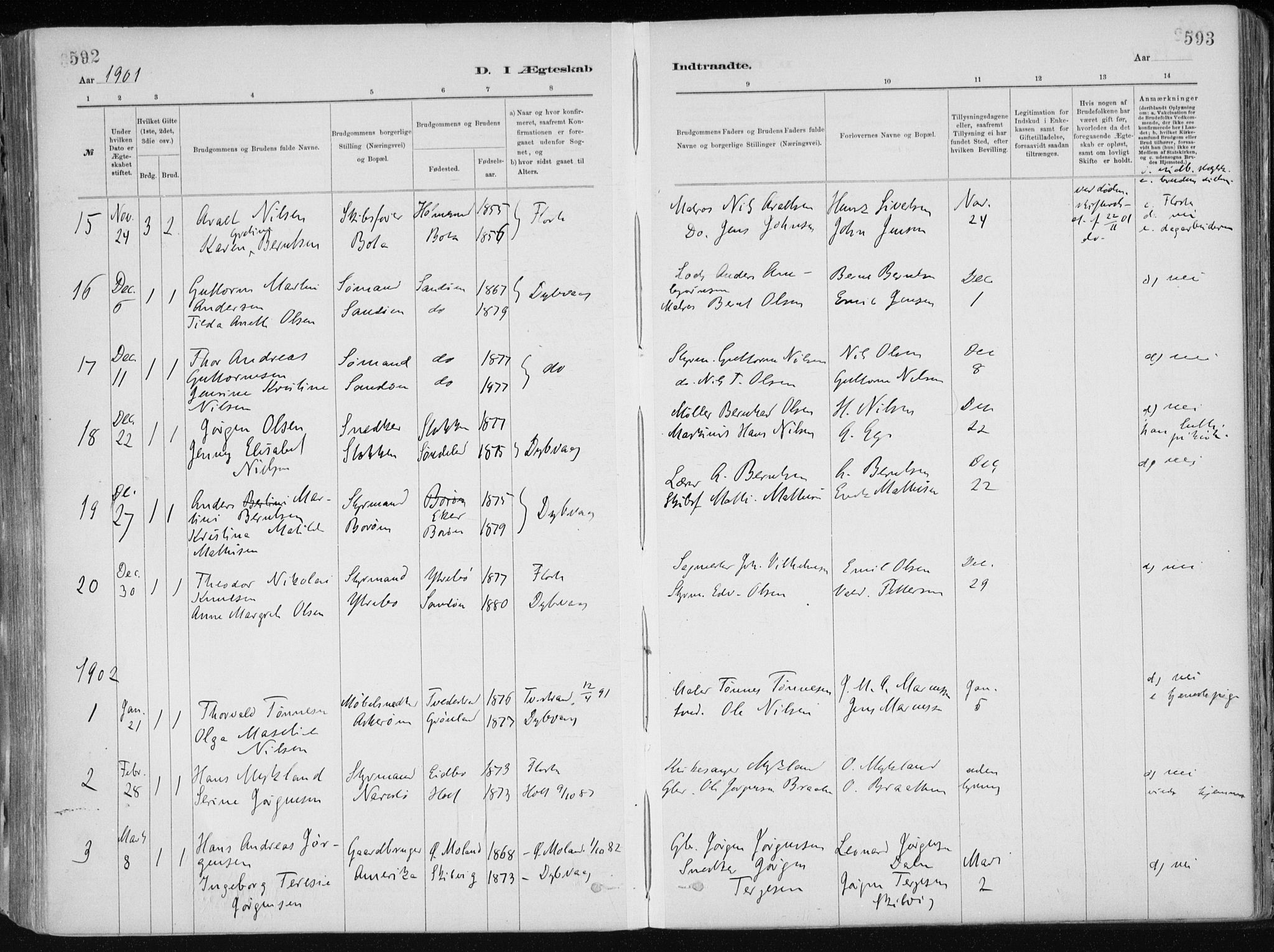 Dypvåg sokneprestkontor, SAK/1111-0007/F/Fa/Faa/L0008: Parish register (official) no. A 8, 1885-1906, p. 592-593