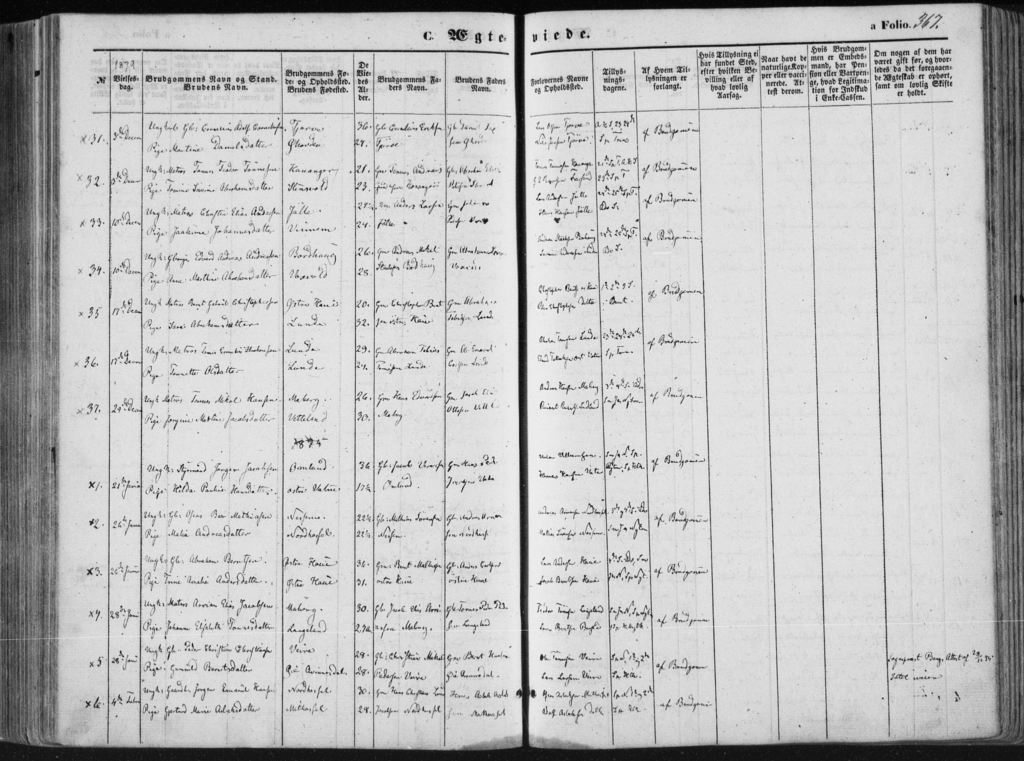 Lista sokneprestkontor, AV/SAK-1111-0027/F/Fa/L0011: Parish register (official) no. A 11, 1861-1878, p. 367