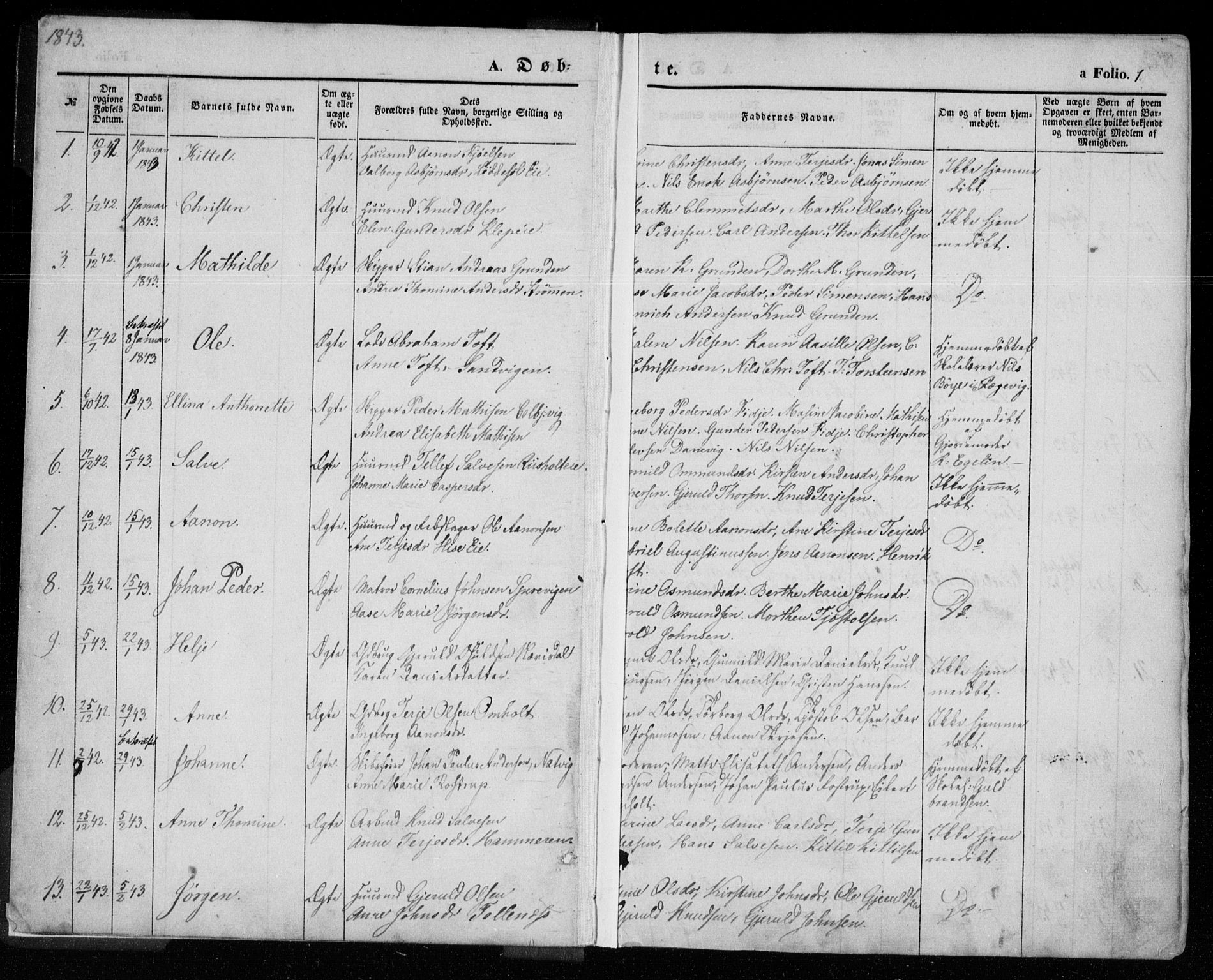 Øyestad sokneprestkontor, SAK/1111-0049/F/Fa/L0014: Parish register (official) no. A 14, 1843-1856, p. 1
