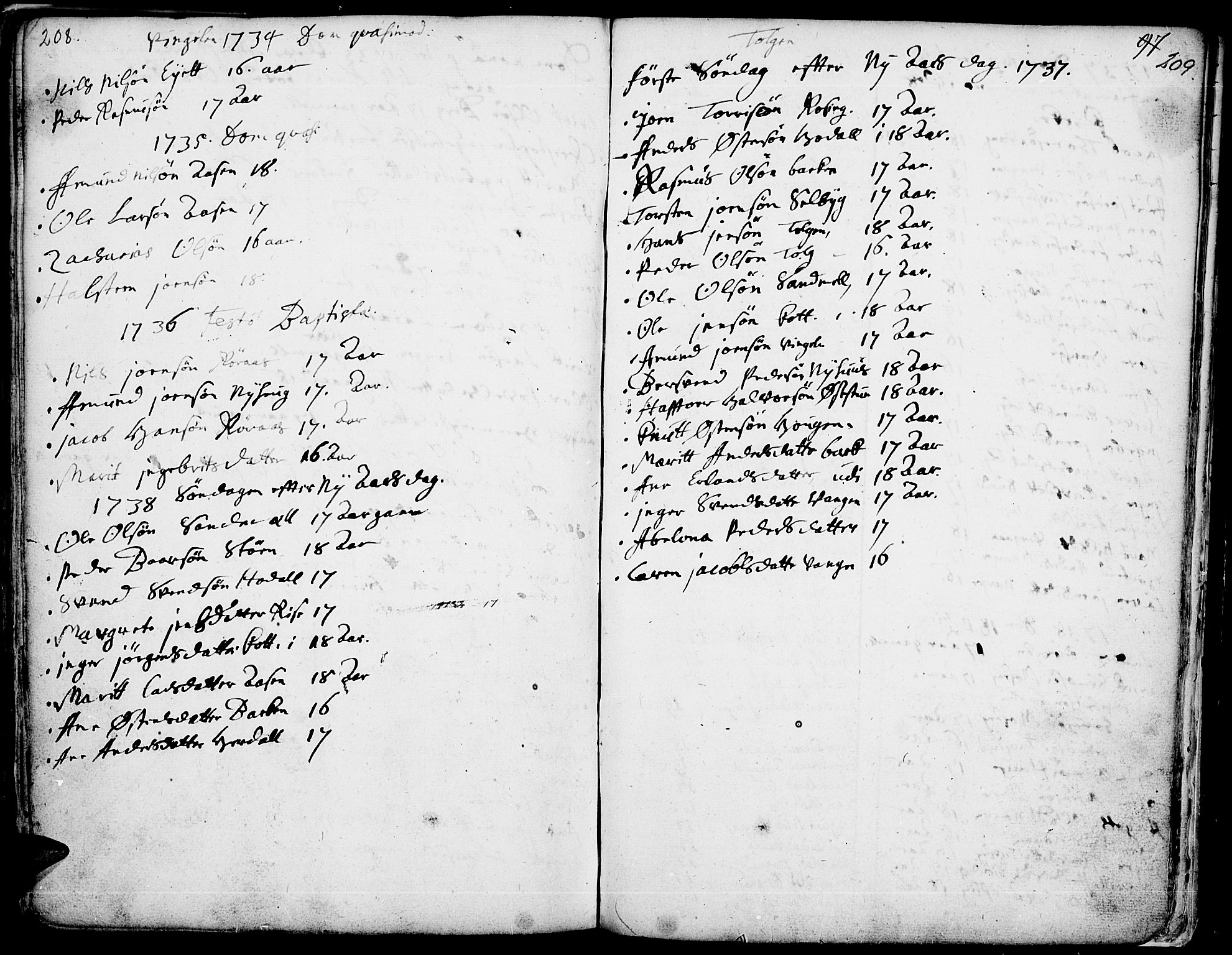 Tolga prestekontor, AV/SAH-PREST-062/K/L0001: Parish register (official) no. 1, 1733-1767, p. 208-209