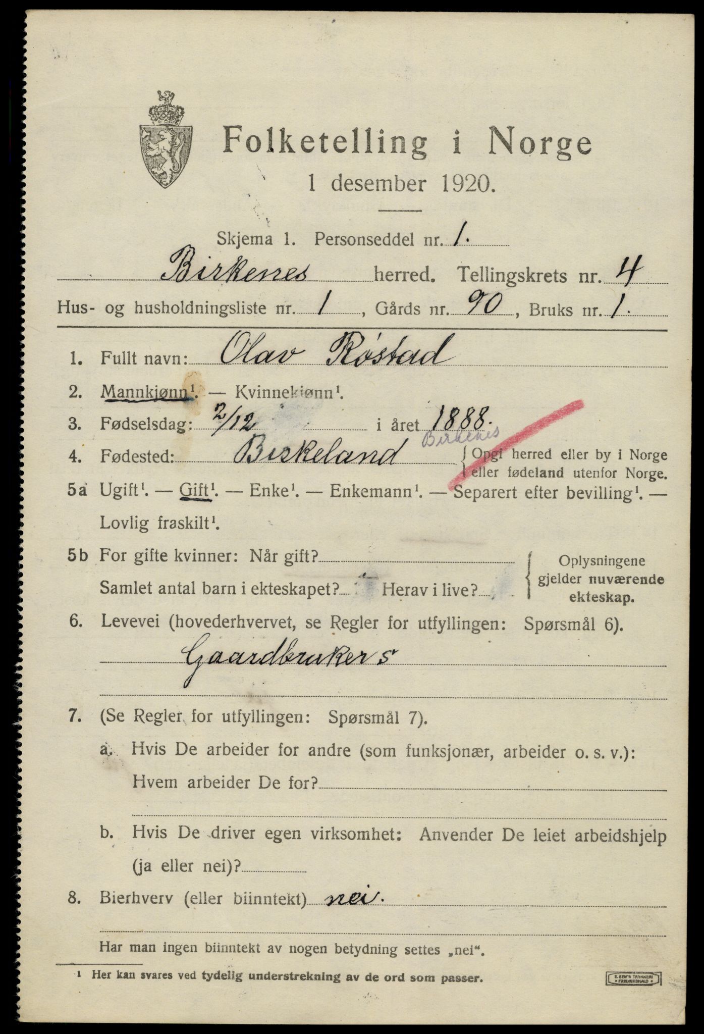 SAK, 1920 census for Birkenes, 1920, p. 1763