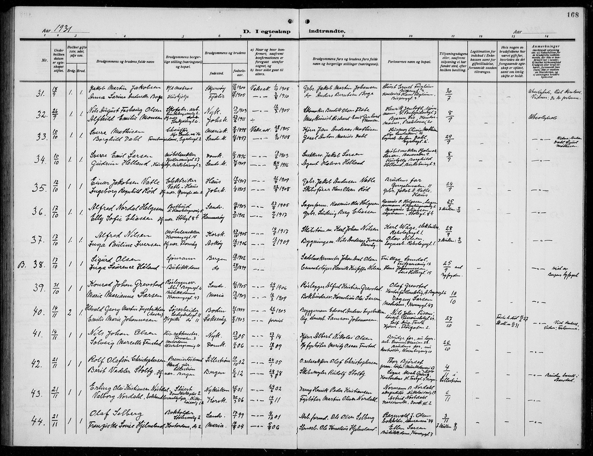 Mariakirken Sokneprestembete, SAB/A-76901/H/Hab/L0010: Parish register (copy) no. A 10, 1920-1937, p. 168