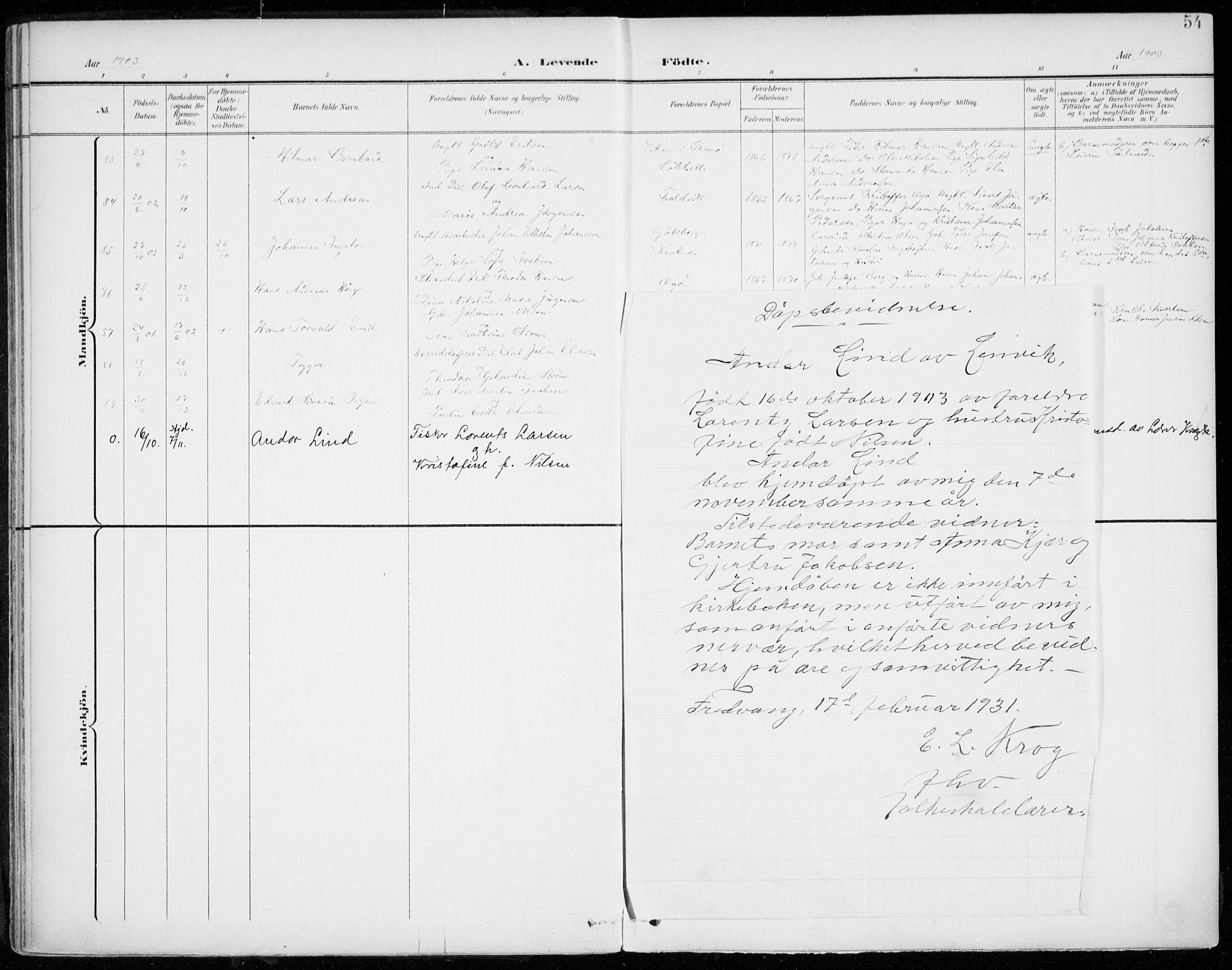 Lenvik sokneprestembete, SATØ/S-1310/H/Ha/Haa/L0014kirke: Parish register (official) no. 14, 1899-1909, p. 54