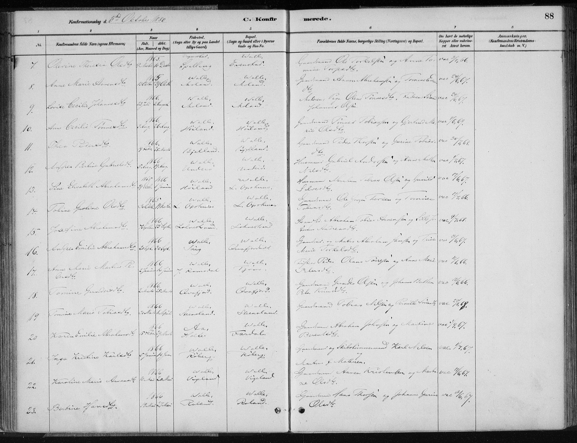 Sør-Audnedal sokneprestkontor, AV/SAK-1111-0039/F/Fa/Fab/L0009: Parish register (official) no. A 9, 1880-1895, p. 88