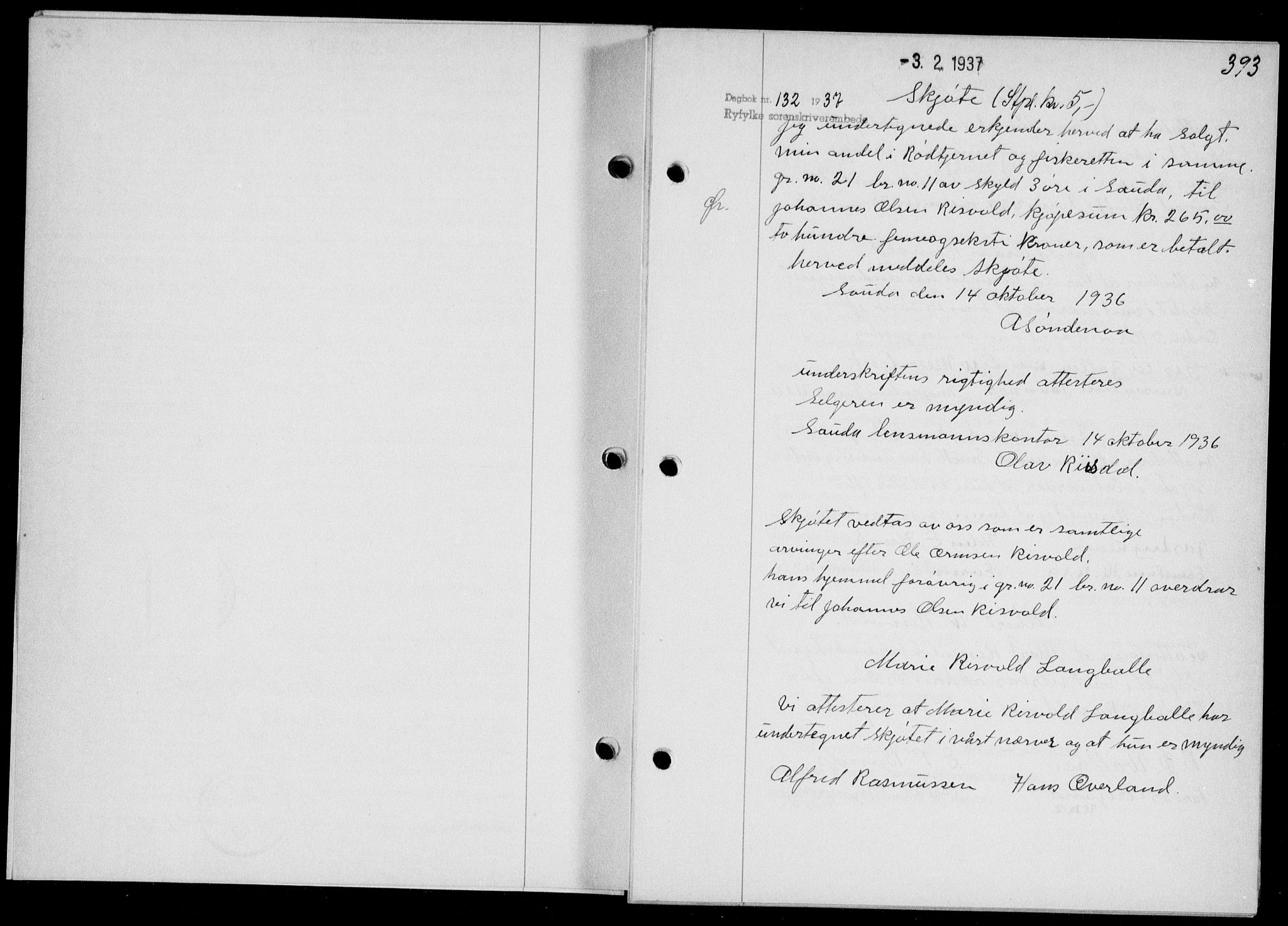 Ryfylke tingrett, AV/SAST-A-100055/001/II/IIB/L0074: Mortgage book no. 53, 1936-1937, Diary no: : 132/1937