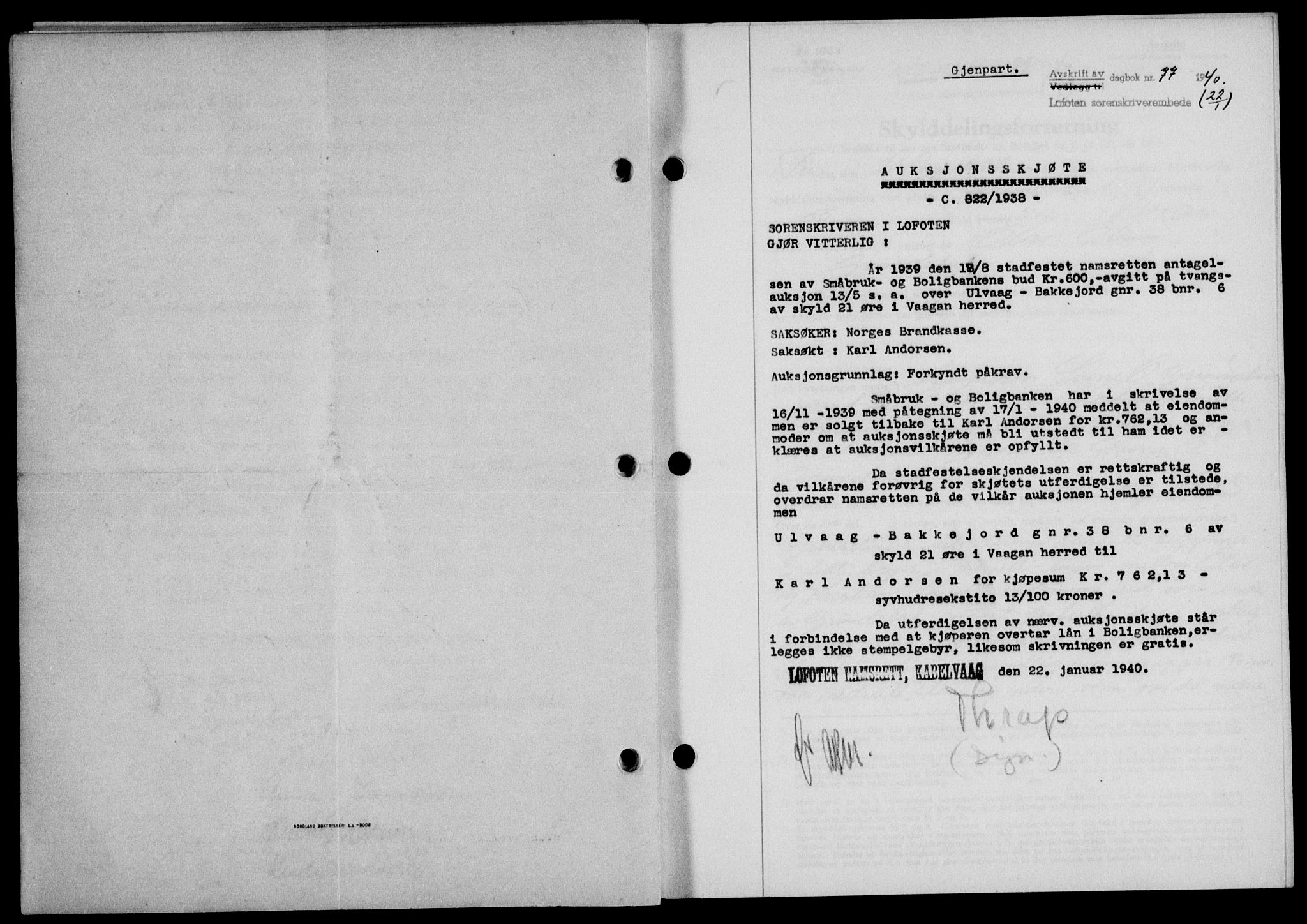 Lofoten sorenskriveri, SAT/A-0017/1/2/2C/L0007a: Mortgage book no. 7a, 1939-1940, Diary no: : 77/1940