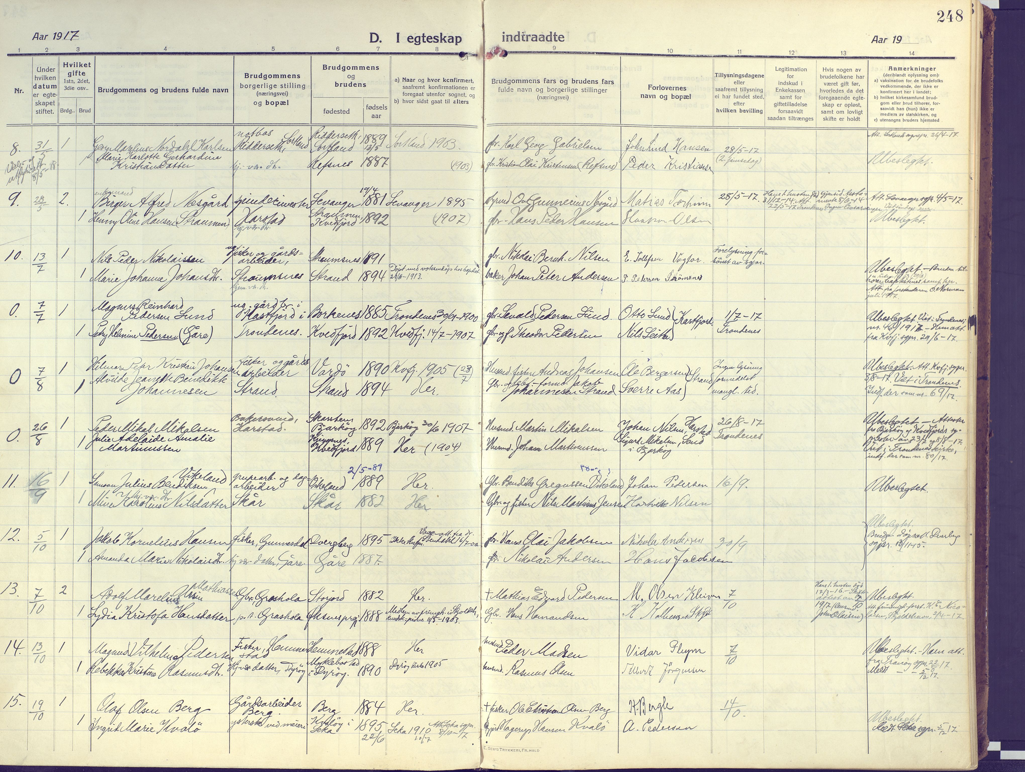 Kvæfjord sokneprestkontor, SATØ/S-1323/G/Ga/Gaa/L0007kirke: Parish register (official) no. 7, 1915-1931, p. 248