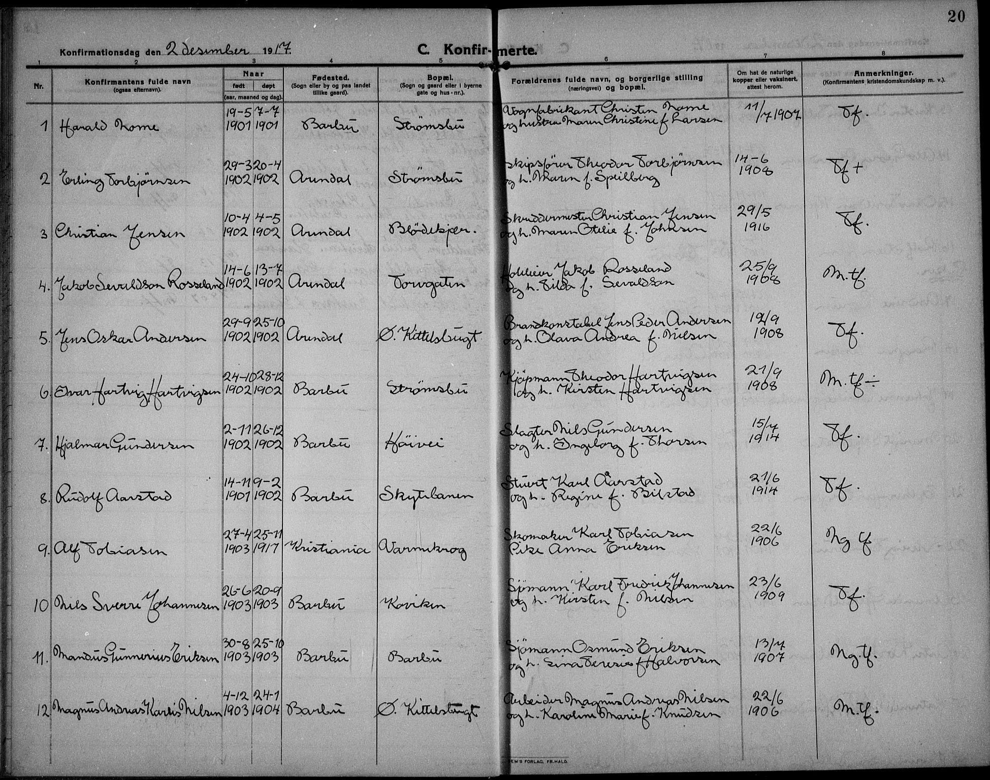 Barbu sokneprestkontor, AV/SAK-1111-0003/F/Fb/L0004: Parish register (copy) no. B 4, 1911-1936, p. 20